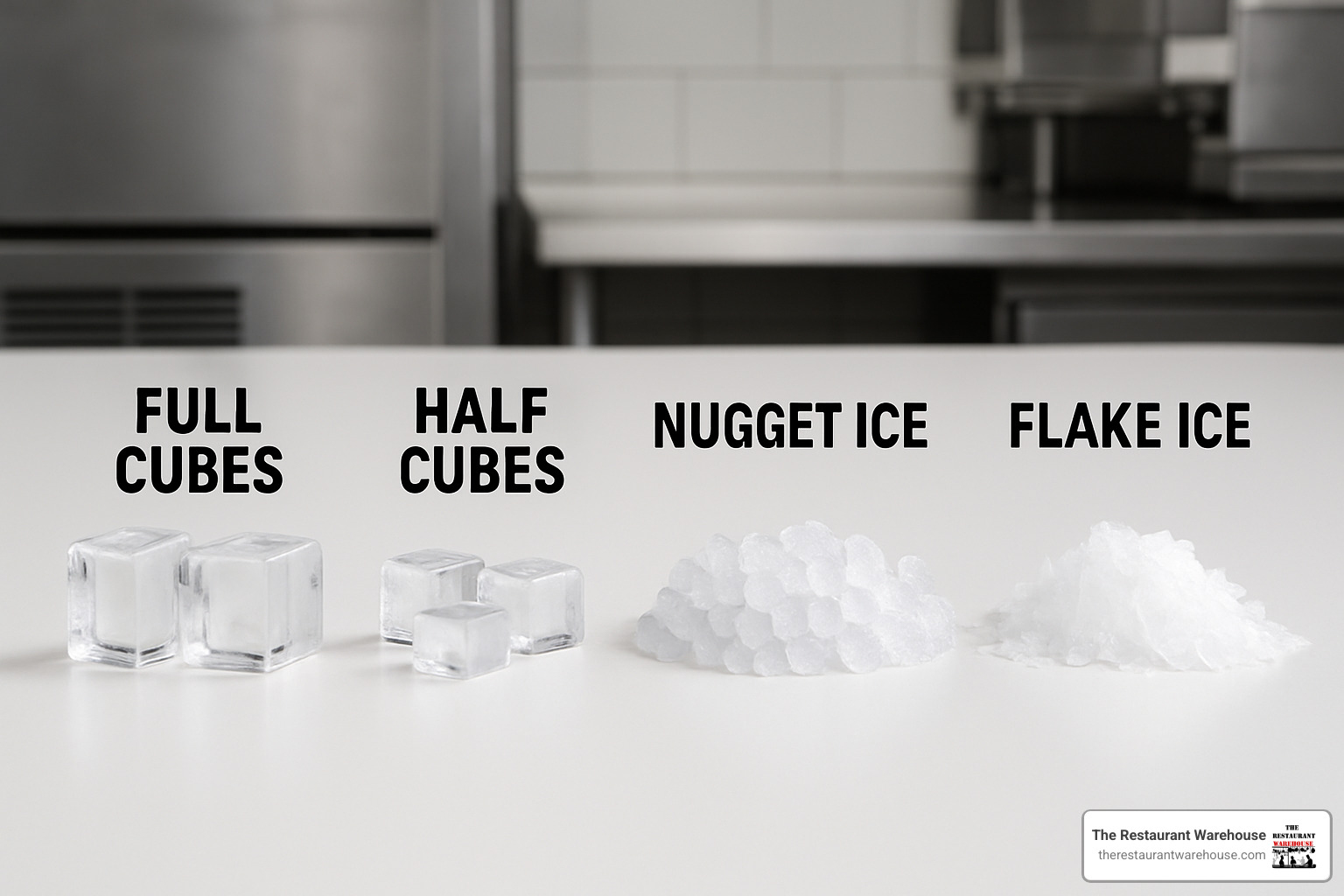 Different ice cube shapes including full cubes, half cubes, nugget ice, and flake ice - commercial ice makers for sale