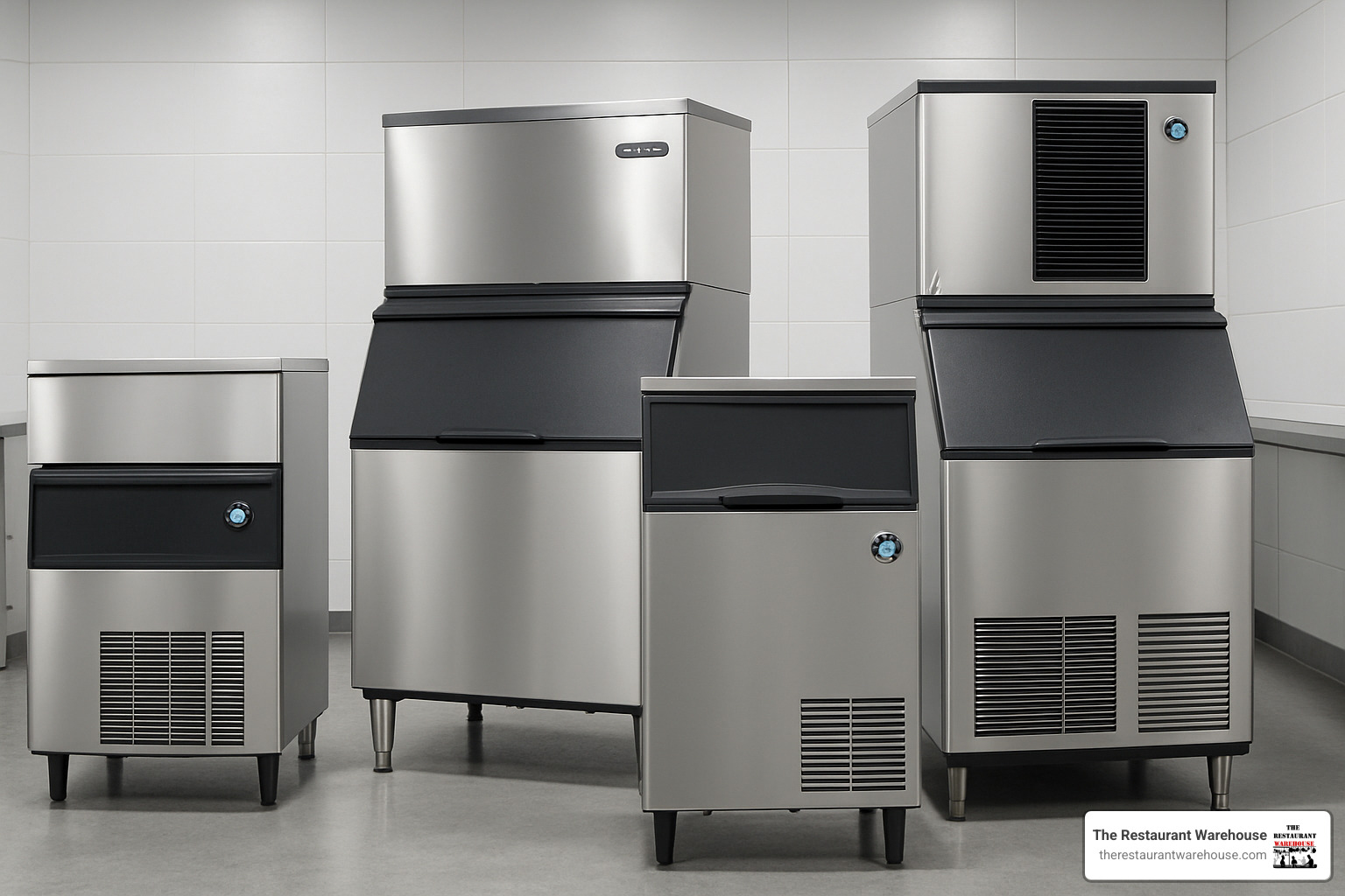 Lineup of various commercial ice makers showing different sizes and styles - commercial ice makers for sale