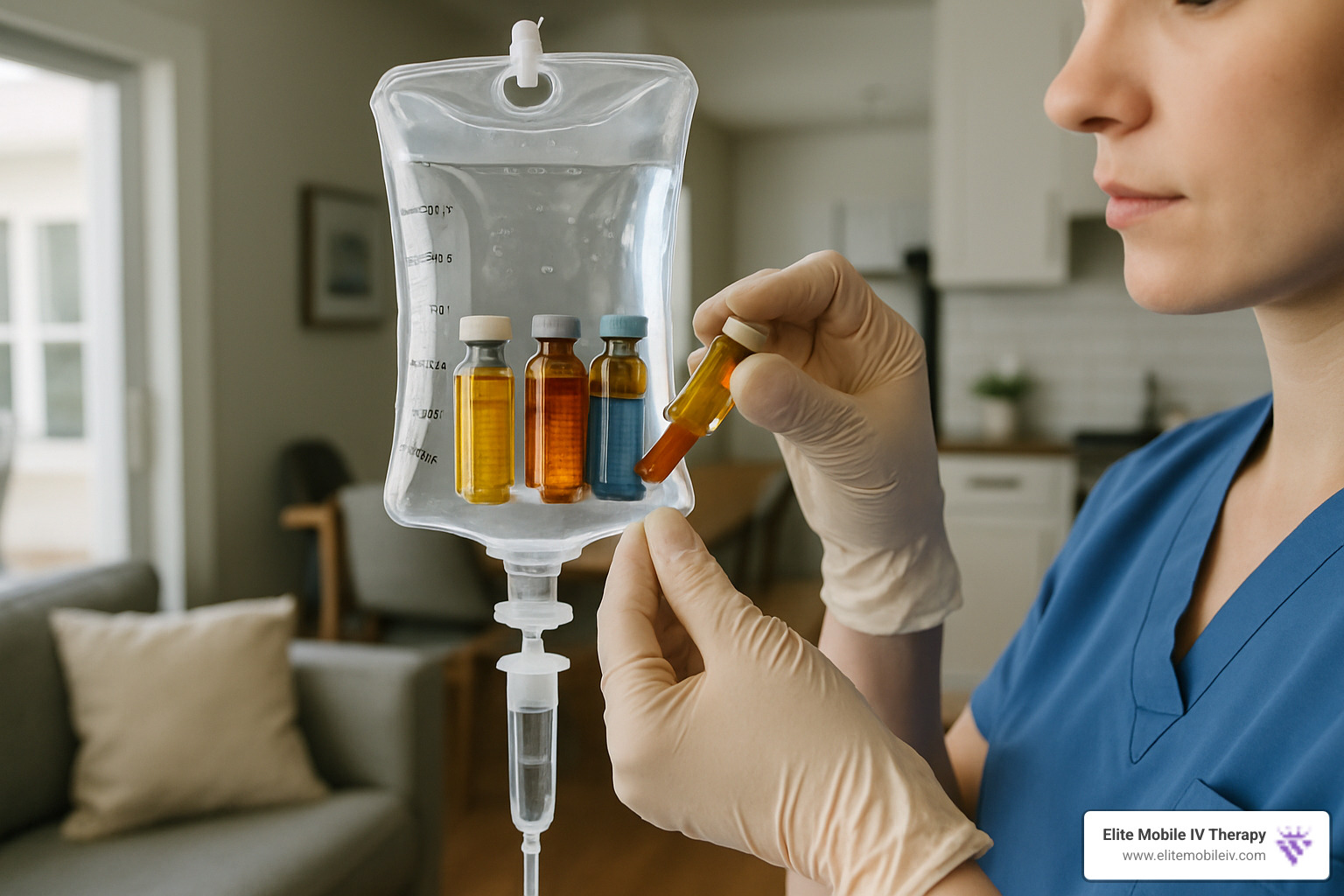 IV bag with various vitamins and minerals being prepared for infusion - mobile iv therapy services
