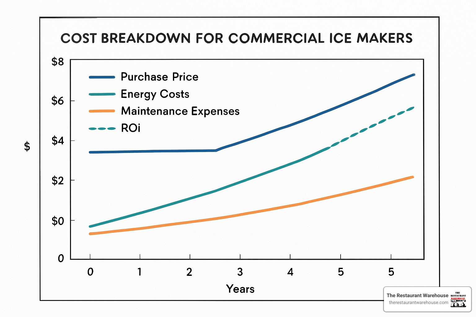 Cost breakdown chart showing purchase price, energy costs, maintenance expenses, and ROI over 5 years - commercial ice makers for sale