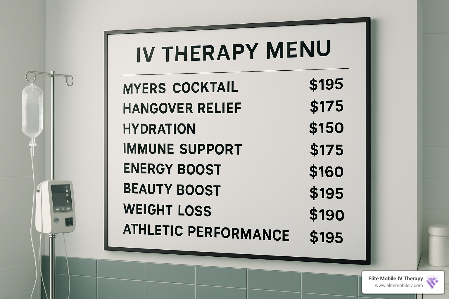IV therapy menu board showing various treatment options and prices - mobile iv therapy services