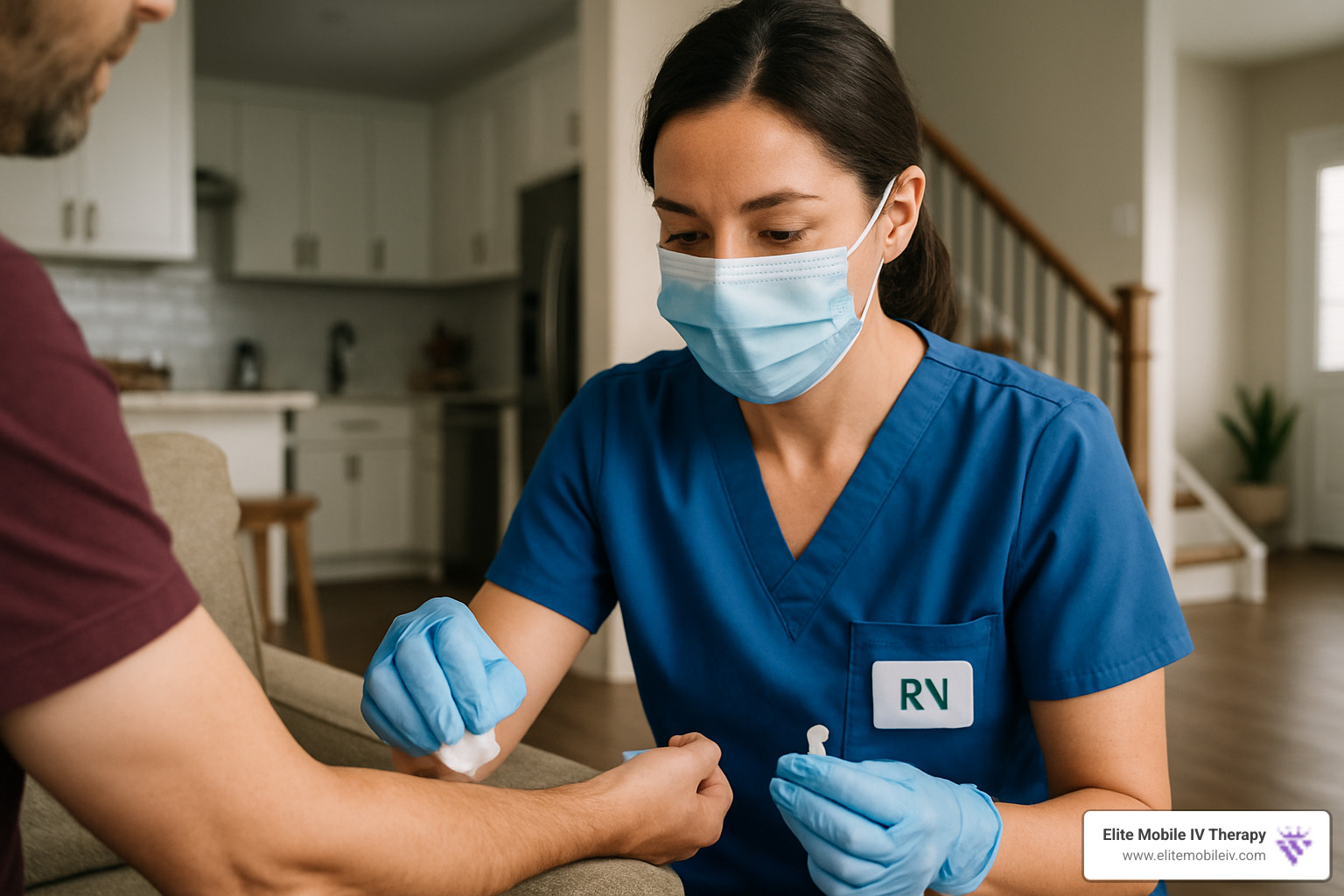 Nurse wearing gloves and disinfecting IV insertion site with antiseptic - mobile iv therapy services