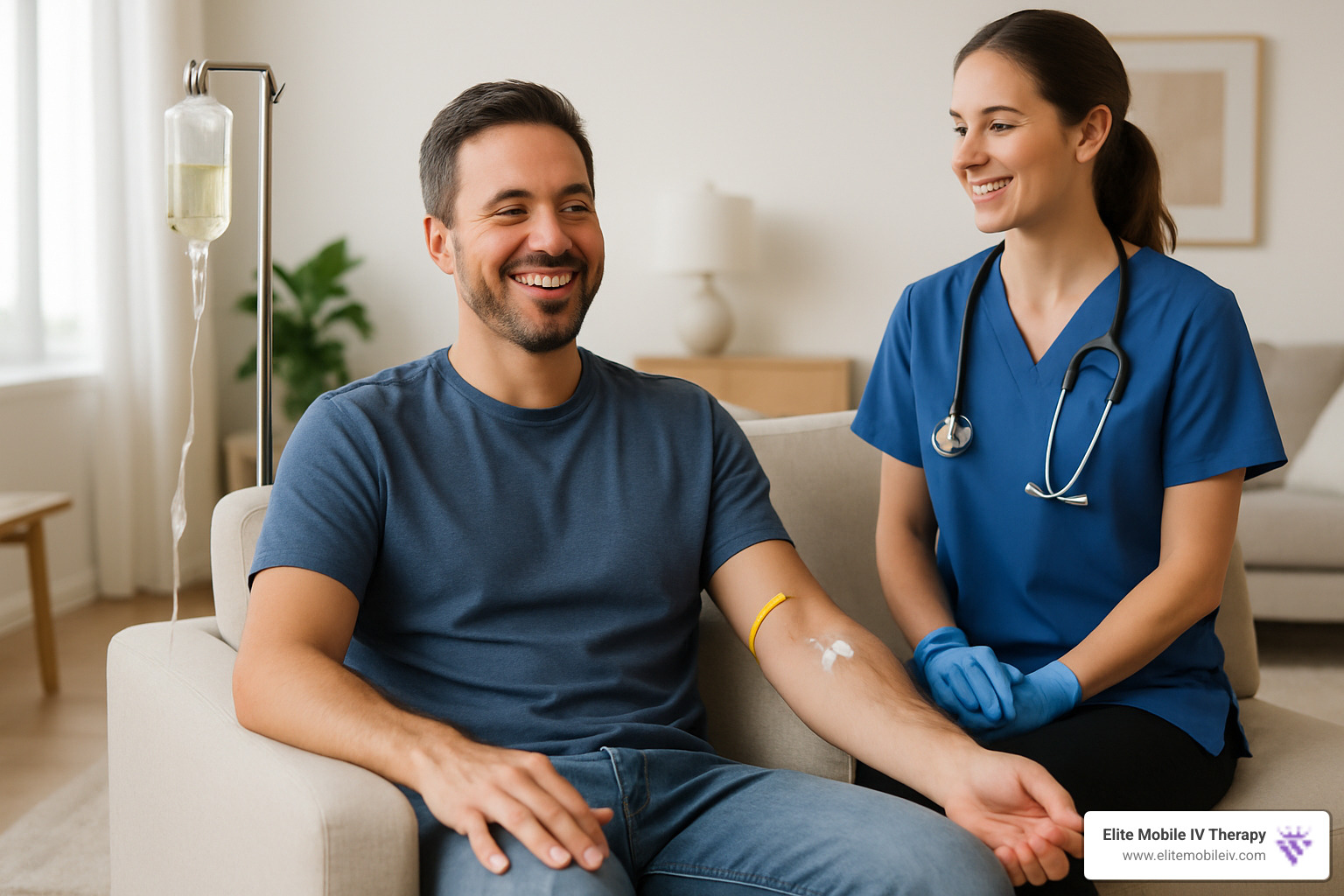 Refreshed client relaxing after completing mobile IV therapy session - mobile iv therapy services
