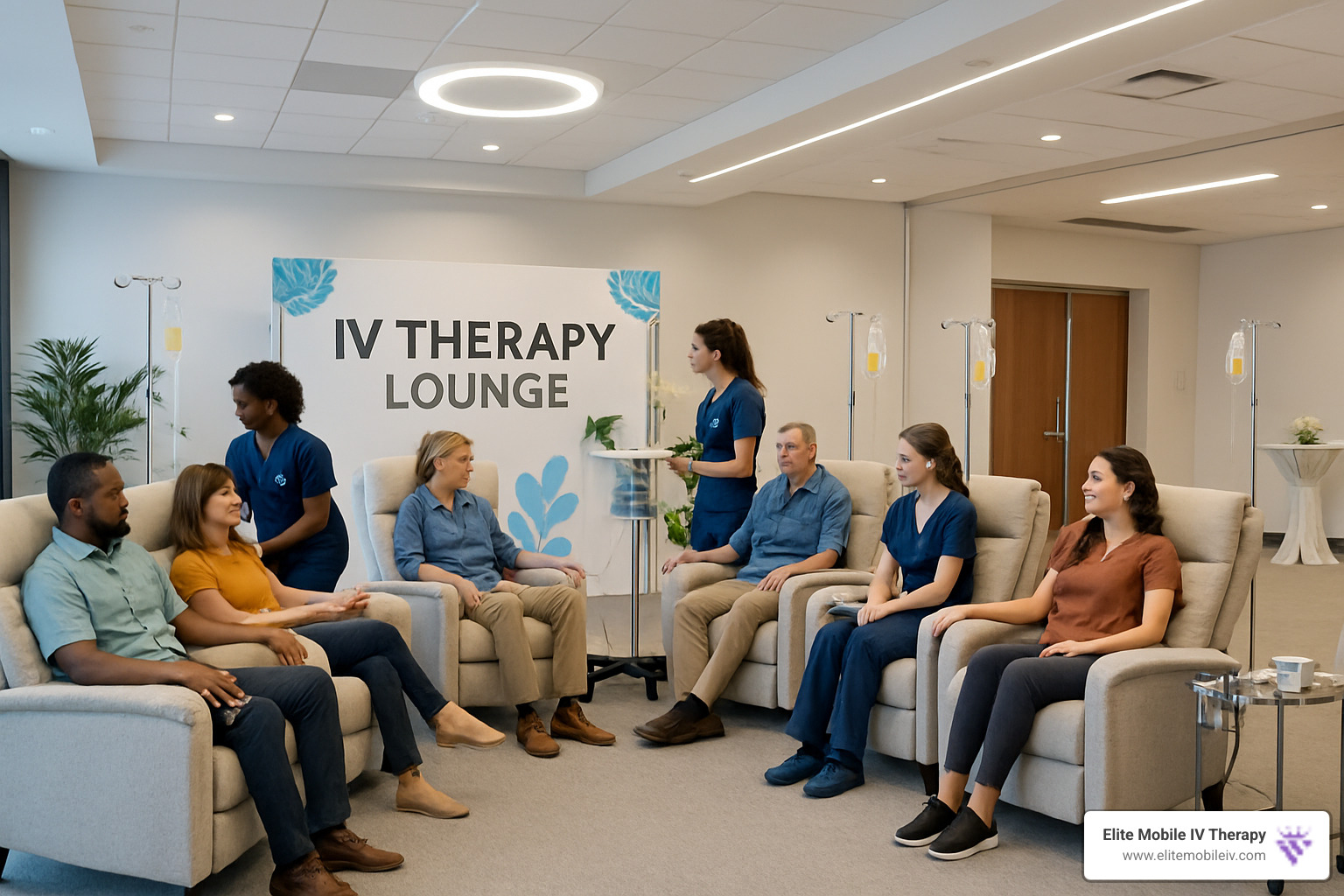 Group IV therapy lounge setup at an event with multiple treatment stations - mobile iv therapy services
