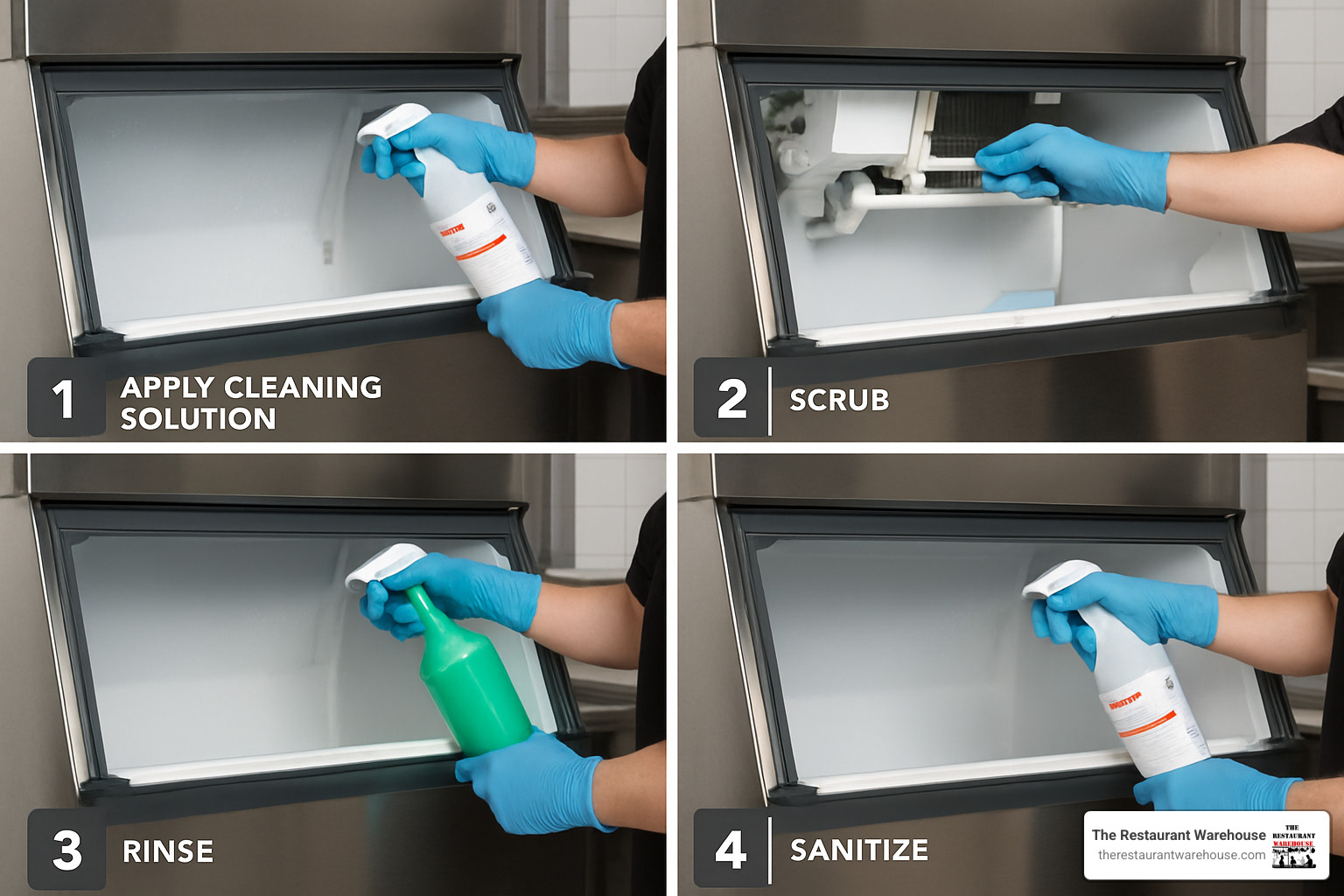 Step-by-step ice machine cleaning process showing cleaning solution application and sanitizing - commercial ice makers for sale