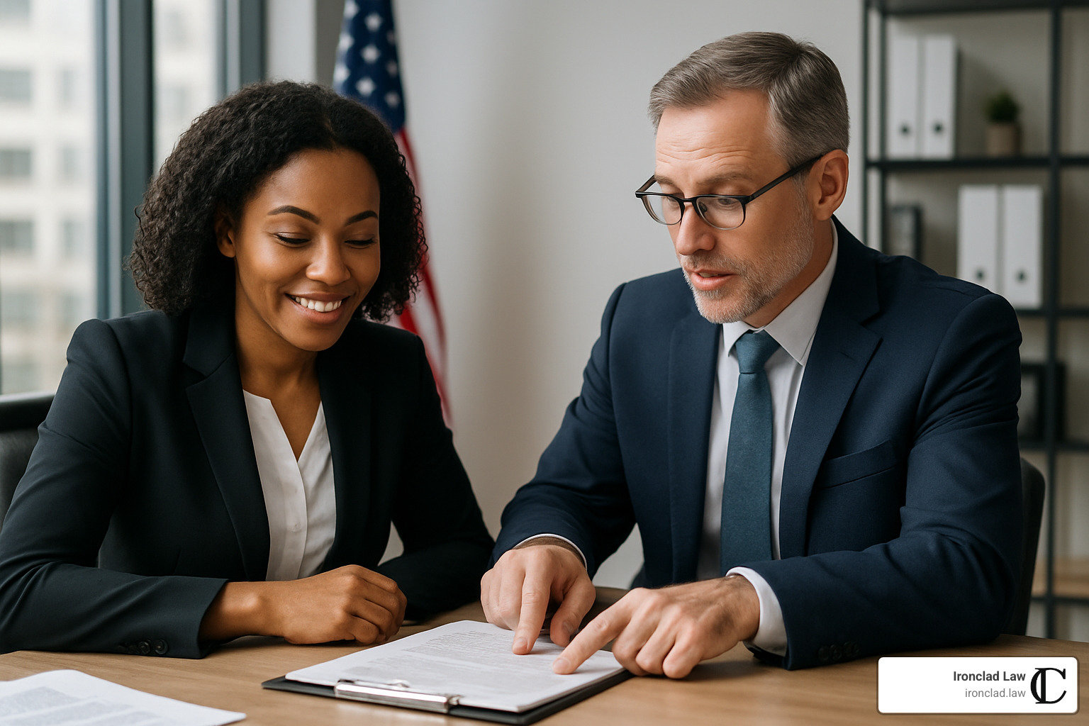 confident entrepreneur reviewing legal documents with attorney guidance - legal services for entrepreneurs