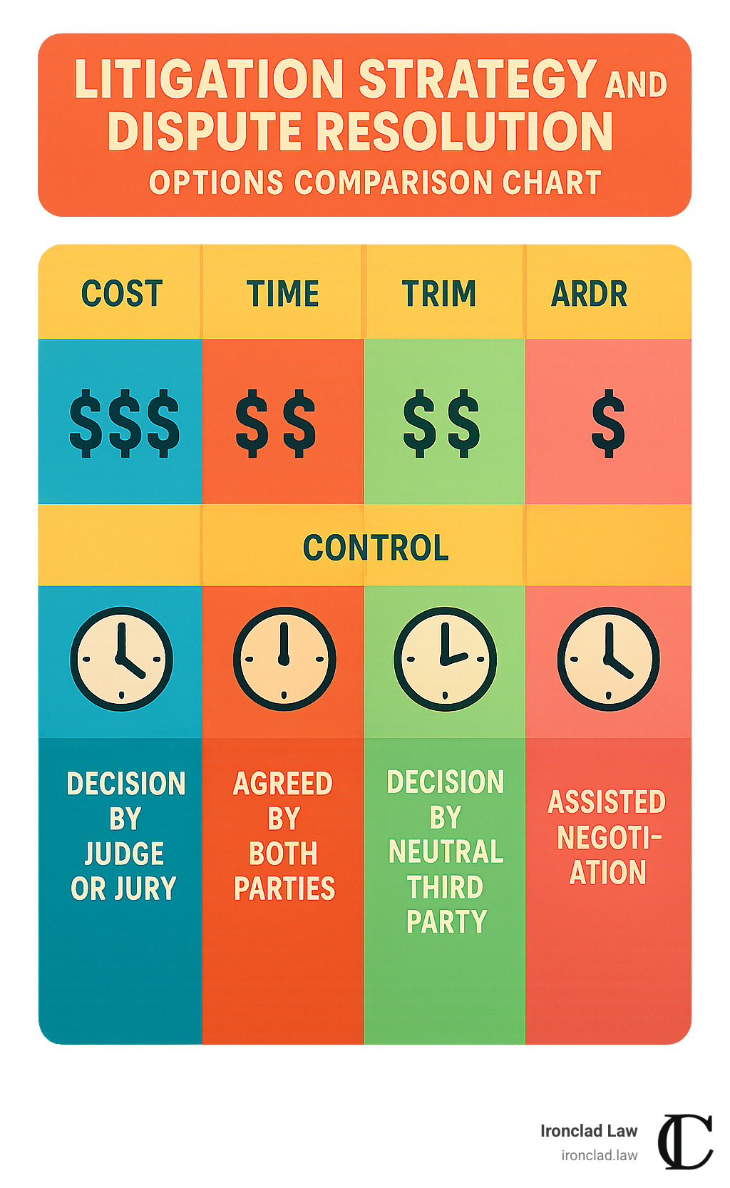 litigation strategy and dispute resolution options comparison chart - legal services for entrepreneurs infographic