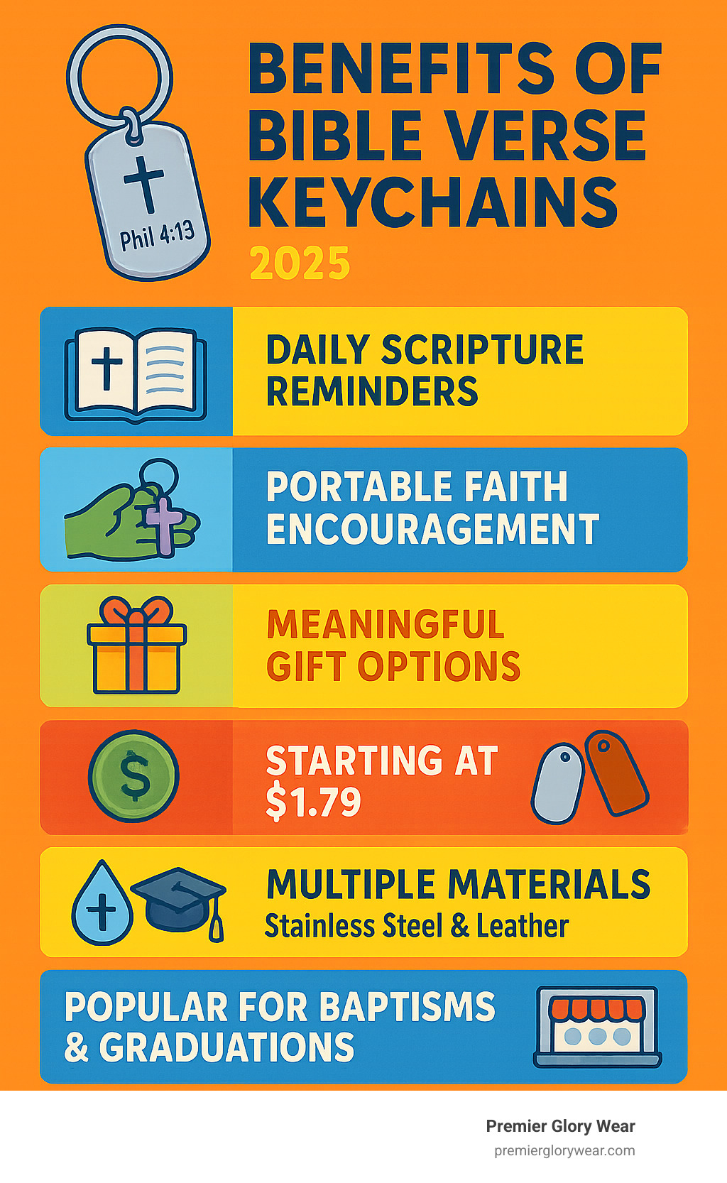 Infographic showing benefits of Bible verse keychains: daily scripture reminders, portable faith encouragement, meaningful gift options, affordable prices starting at $1.79, available in multiple materials like stainless steel and leather, popular for baptisms and graduations, over 450 options available online - Bible verse keychains infographic 