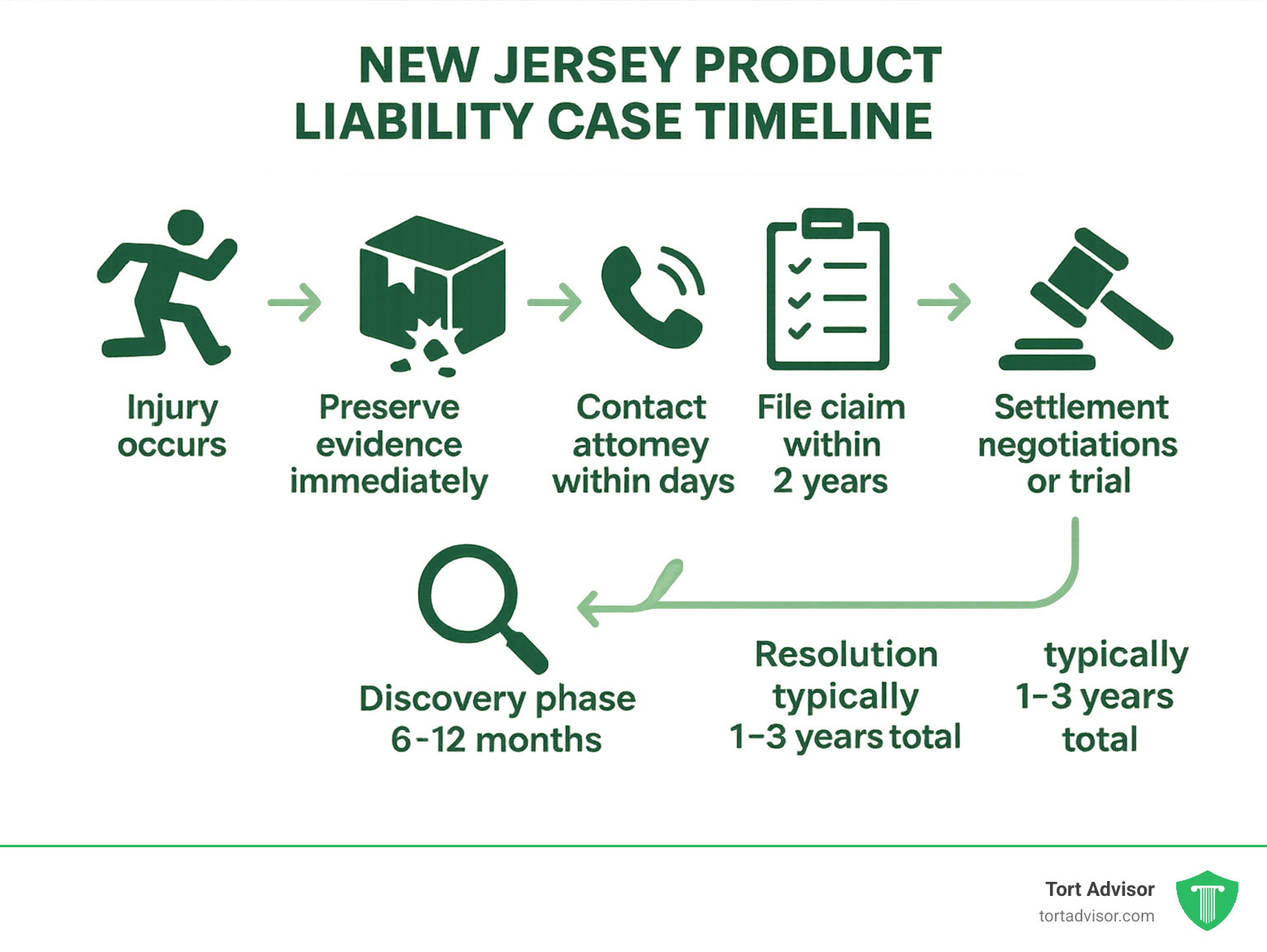 Infographic showing New Jersey product liability case timeline: Injury occurs → Preserve evidence immediately → Contact attorney within days → File claim within 2 years → Findy phase 6-12 months → Settlement negotiations or trial → Resolution typically 1-3 years total - new jersey defective product injury attorney infographic 