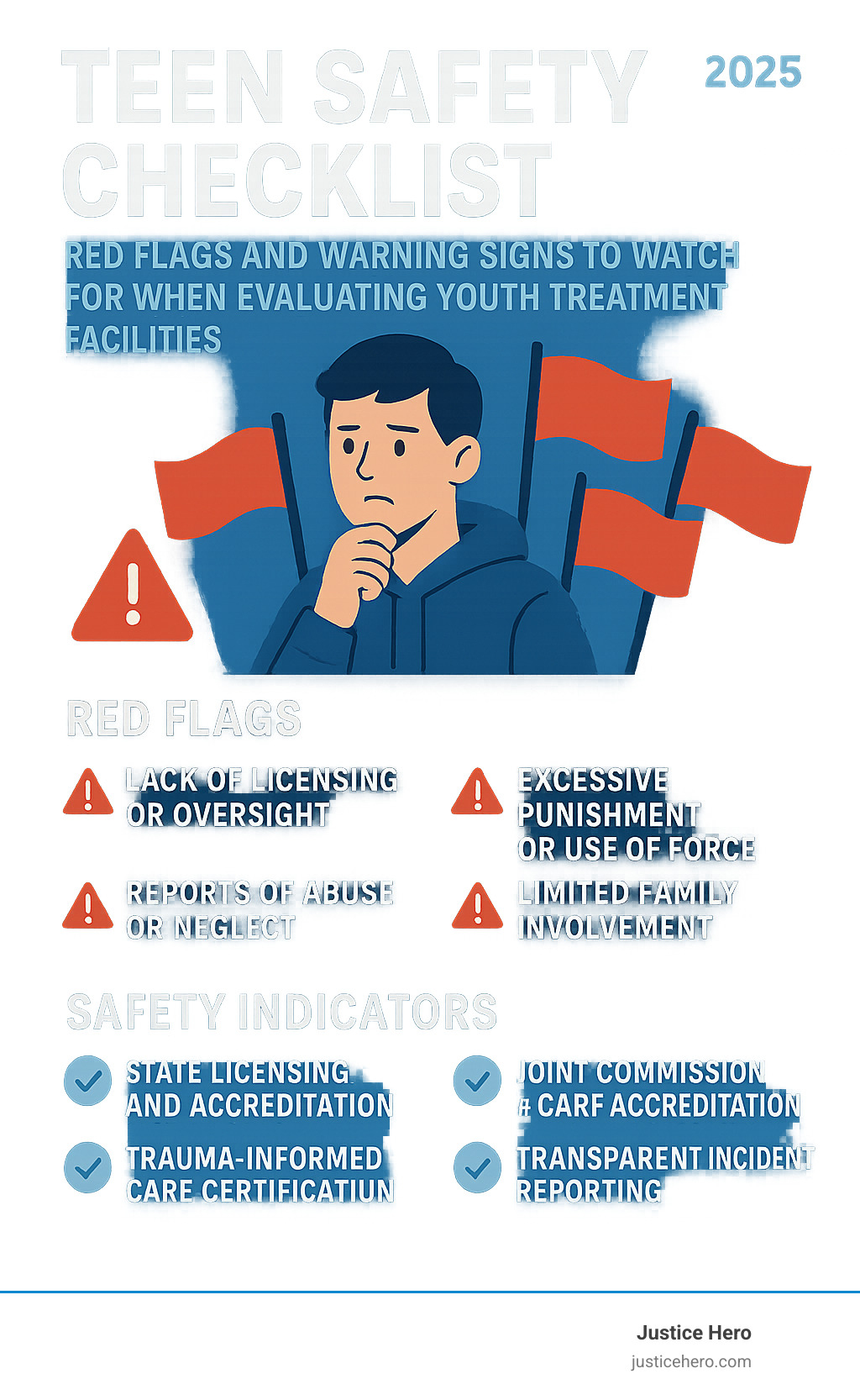 Teen safety checklist showing red flags and warning signs to watch for when evaluating youth treatment facilities - facilities for troubled youth infographic 