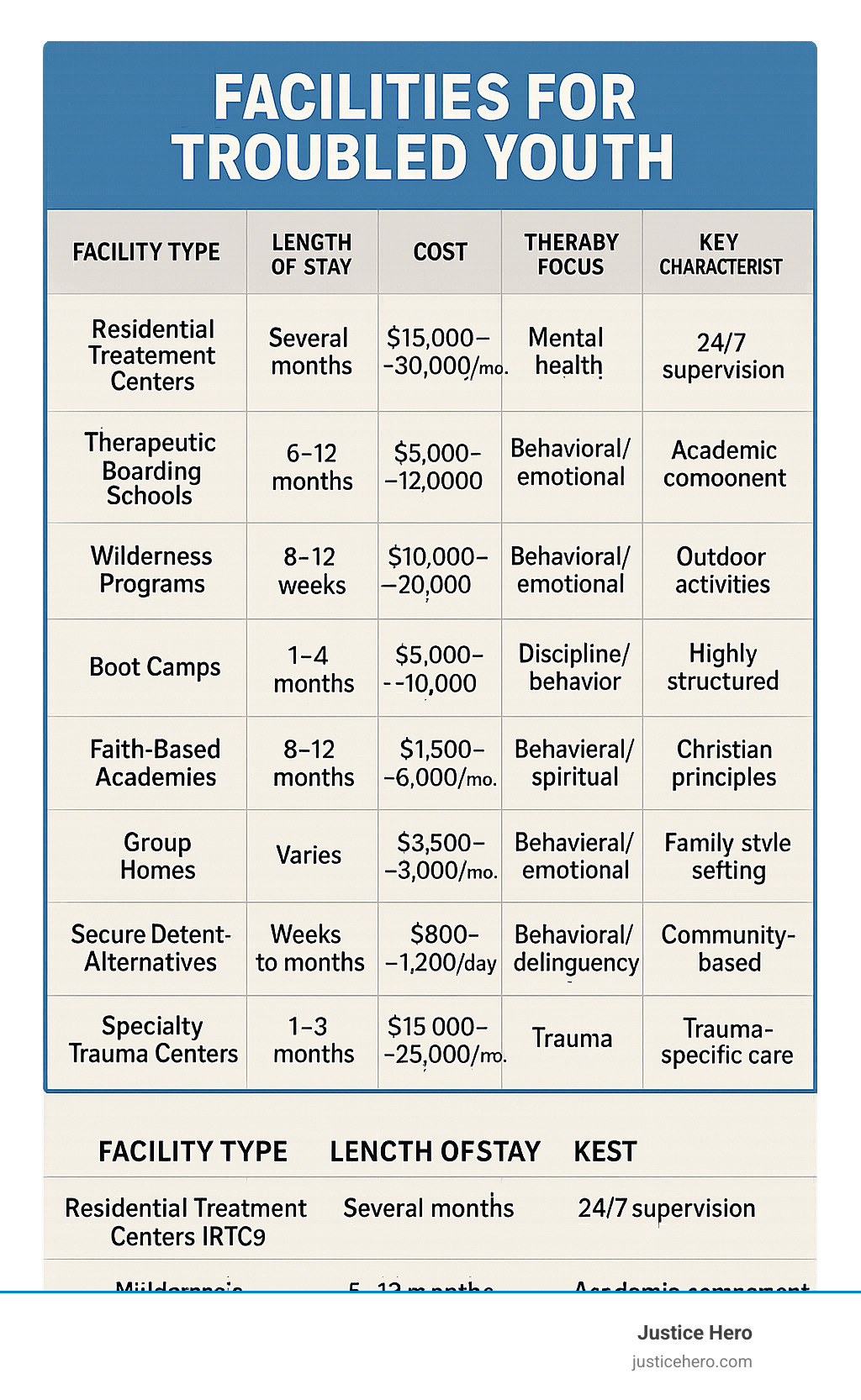 Comparison table showing different facility types with length of stay, cost ranges, therapy focus, and key characteristics for RTCs, therapeutic boarding schools, wilderness programs, boot camps, faith-based academies, group homes, secure detention alternatives, and specialty trauma centers - facilities for troubled youth infographic 