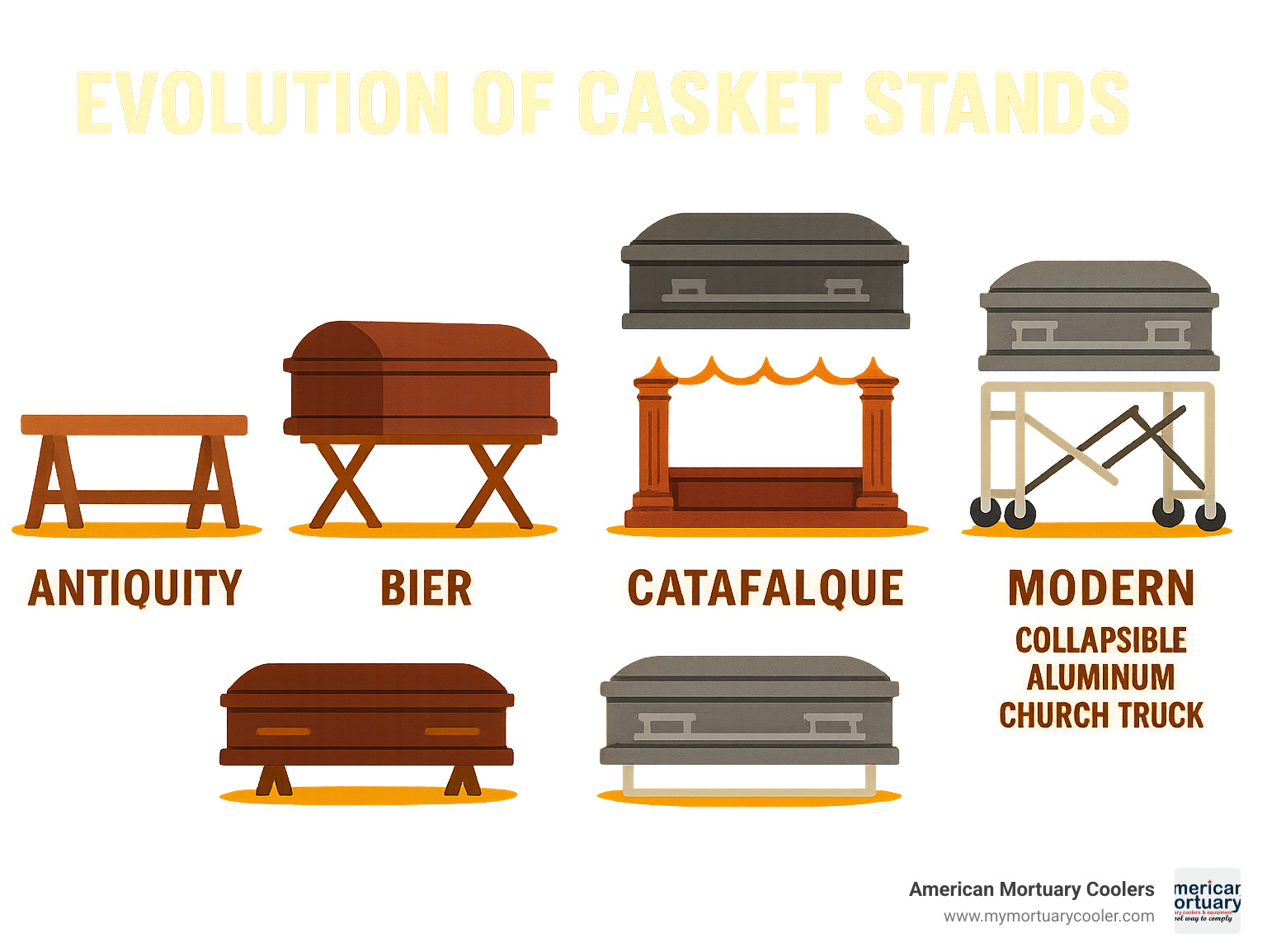 Infographic showing the evolution of casket stands from simple wooden boards in antiquity to modern collapsible aluminum church trucks with wheels, including traditional biers, ornate catafalques, and contemporary acrylic display stands - what is a casket stand called infographic 