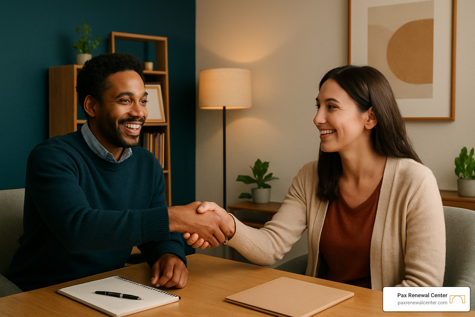 first session handshake between therapist and client - anxiety counseling