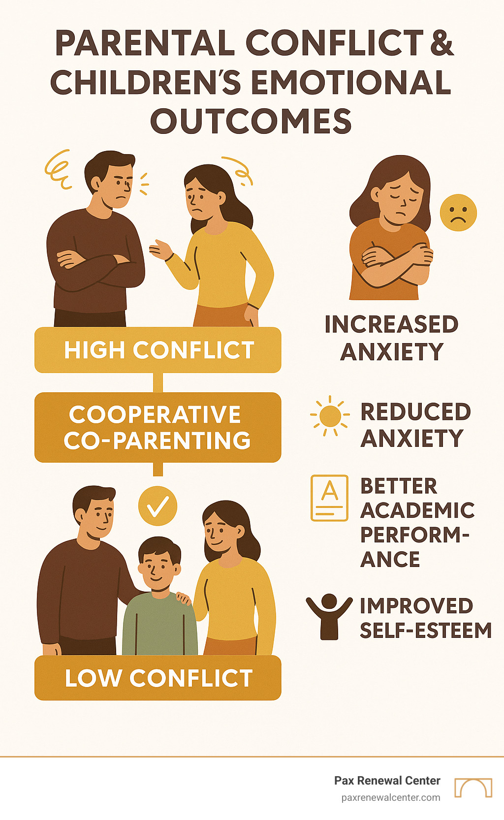 Infographic showing the relationship between parental conflict levels and children's emotional outcomes, highlighting benefits of cooperative co-parenting including reduced anxiety, better academic performance, and improved self-esteem in children - co parenting counselor infographic 