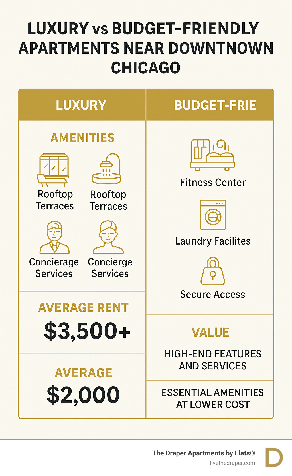 Comparison chart showing luxury vs budget-friendly downtown Chicago apartments with amenity differences, average rent ranges, and value proposition analysis - apartments near downtown chicago infographic  Comparison chart showing luxury vs budget-friendly downtown Chicago apartments with amenity differences, average rent ranges, and value proposition analysis - apartments near downtown chicago infographic