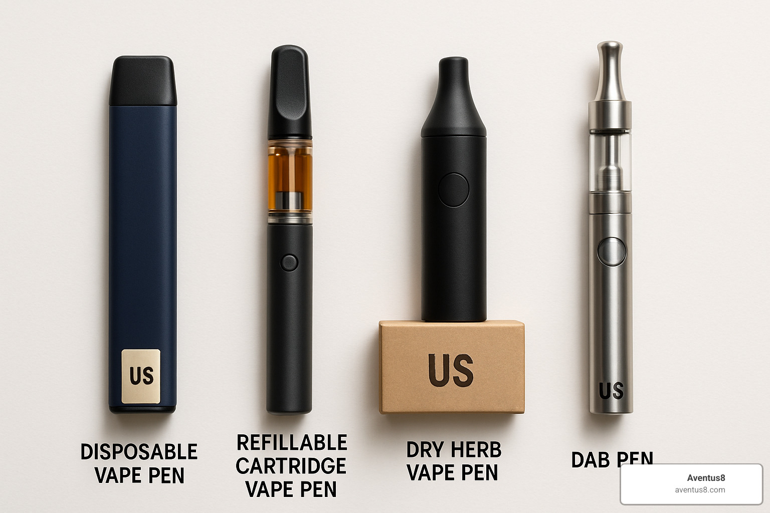Different types of weed vape pens lined up showing disposable, refillable, dry herb, and dab pen varieties - weed vape pen