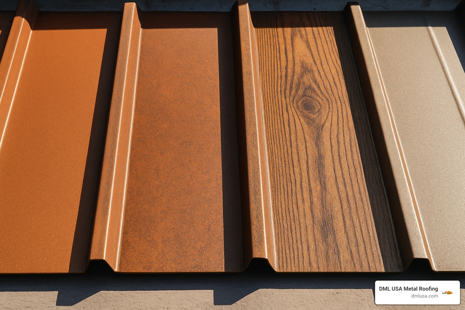 close-ups of specialty metal roof panels showing copper penny, weathered steel, wood-grain prints, and metallic champagne finishes - metal roof colors
