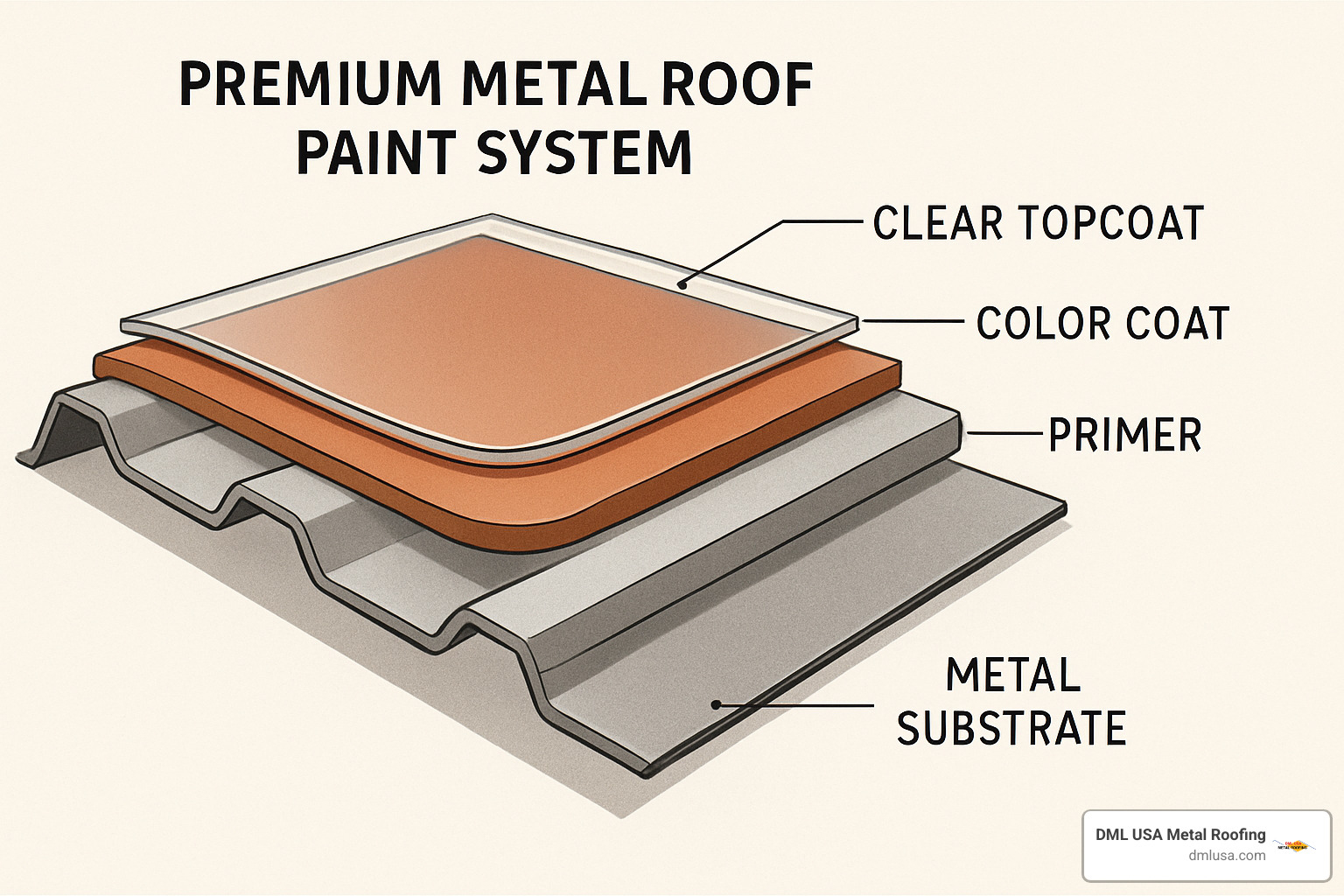 cross-section diagram showing the multiple layers of a premium metal roof paint system, from substrate to topcoat - metal roof colors