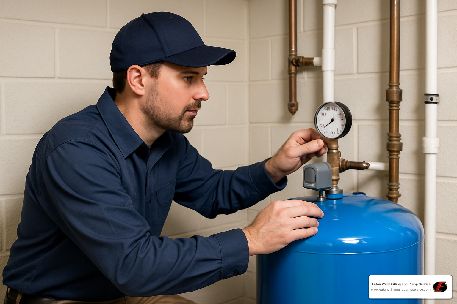 Technician checking pressure gauge on well pressure tank - fix well pump near me