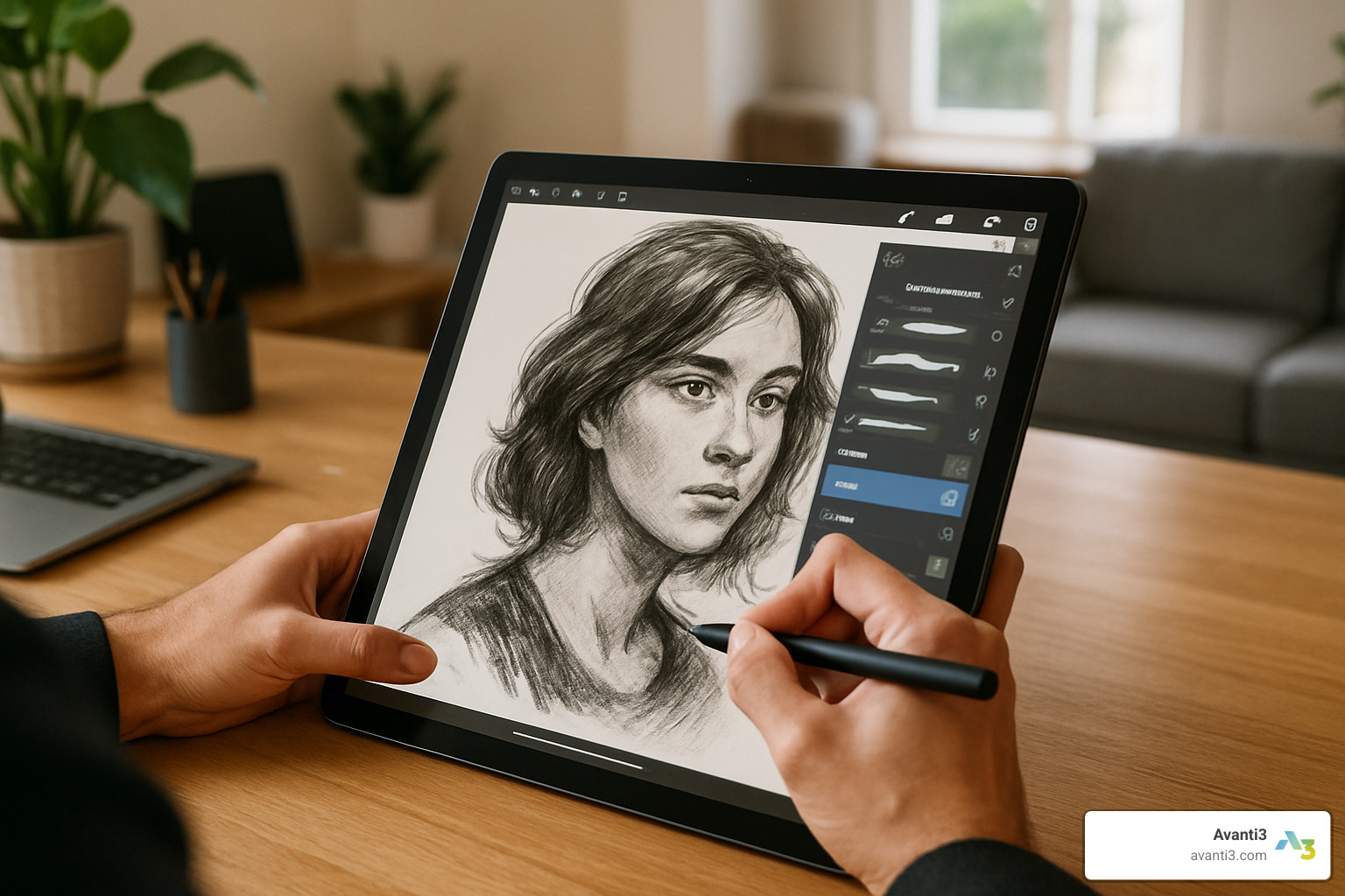 Digital art creation process showing layers, brush tools, and stylus interaction - artwork application