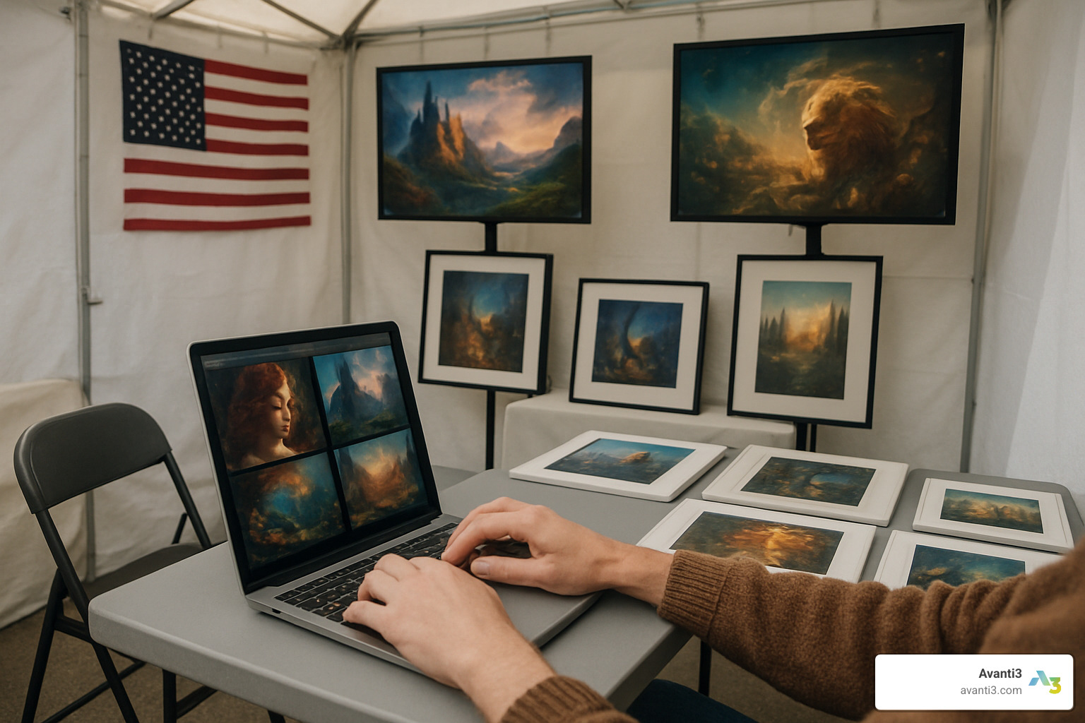 Art fair application process showing portfolio preparation and booth presentation for digital artists - artwork application