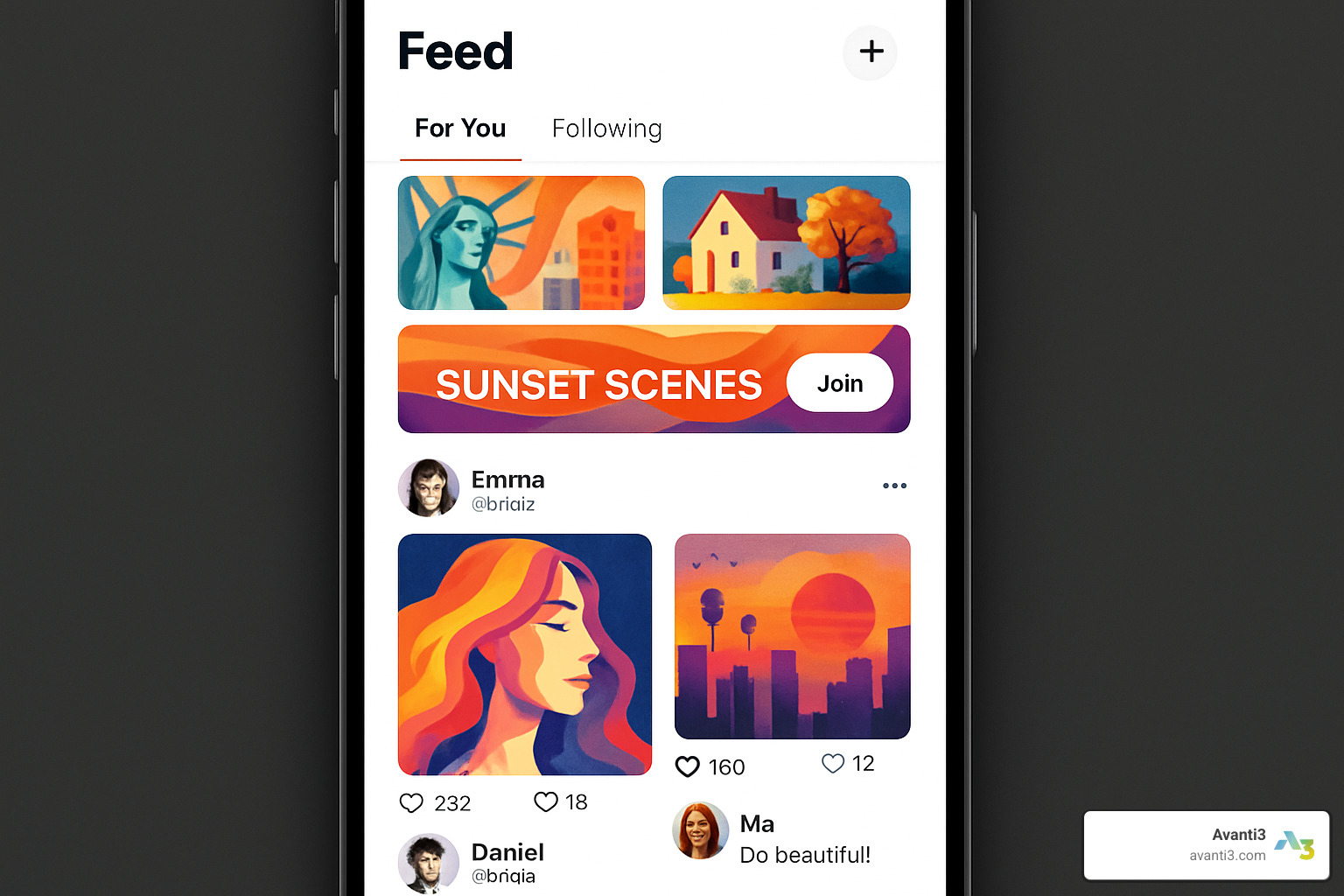 Mobile artwork application interface showing social features and community challenges - artwork application