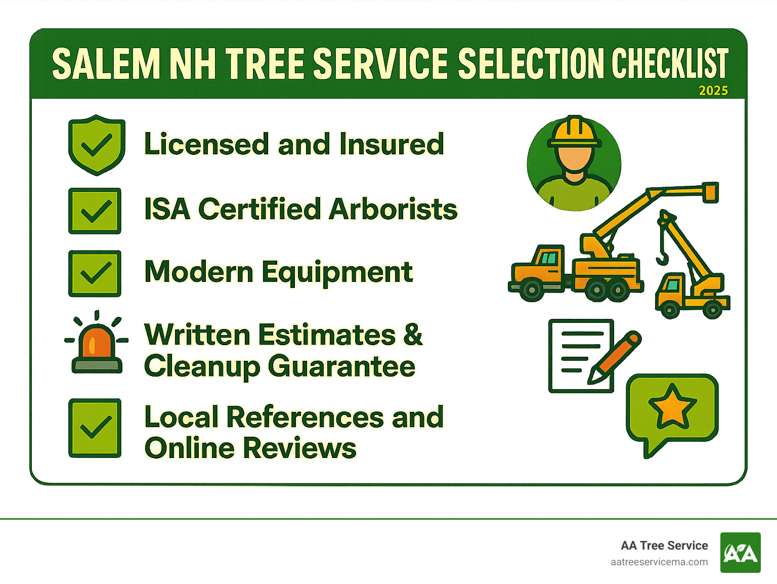 Salem NH Tree Service Selection Checklist showing licensed and insured verification, ISA certified arborists, modern equipment like bucket trucks and cranes, emergency response availability, written estimates and cleanup guarantees, local references and online reviews - Tree Service Salem NH infographic