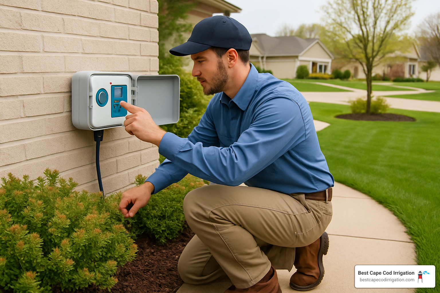 Professional irrigation technician programming smart controller during spring startup service - irrigation start up cost