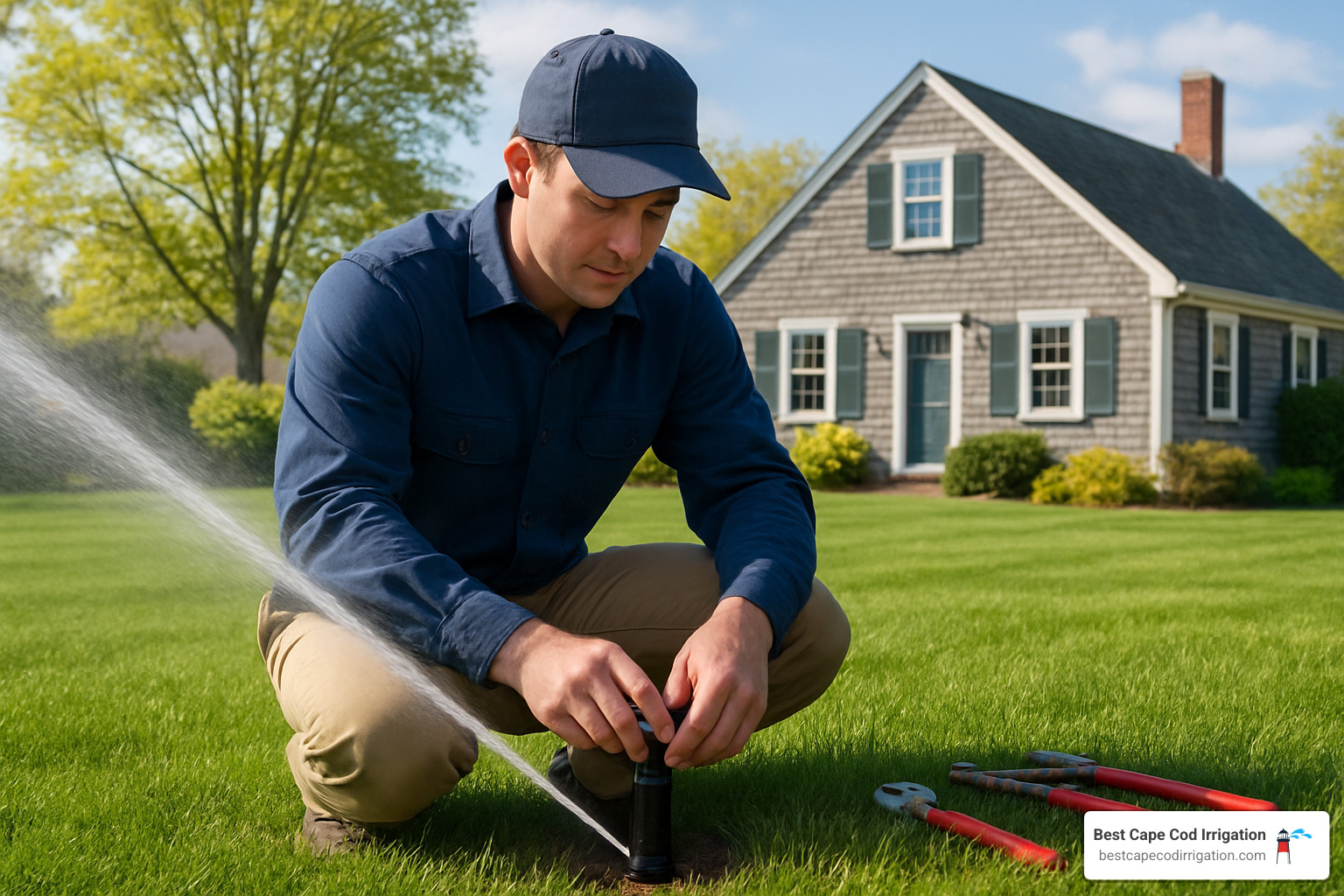 Professional technician performing spring irrigation system startup on Cape Cod lawn - irrigation start up cost