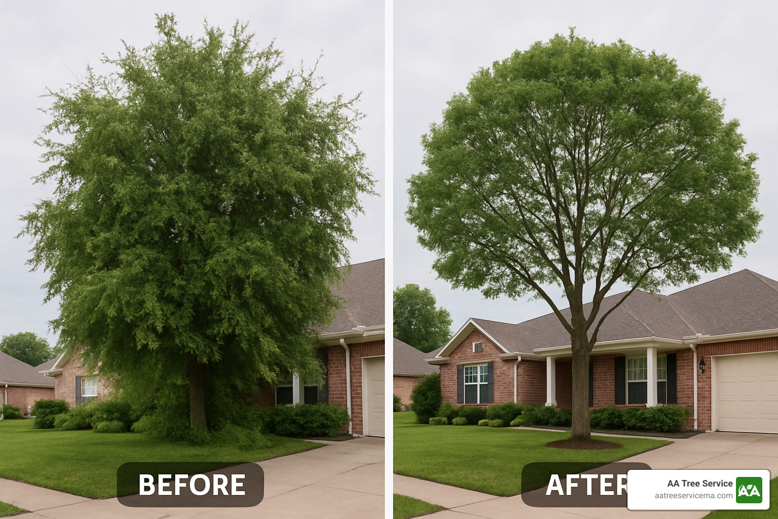 Before and after photos showing dramatic improvement from professional tree pruning - Tree Service Salem NH