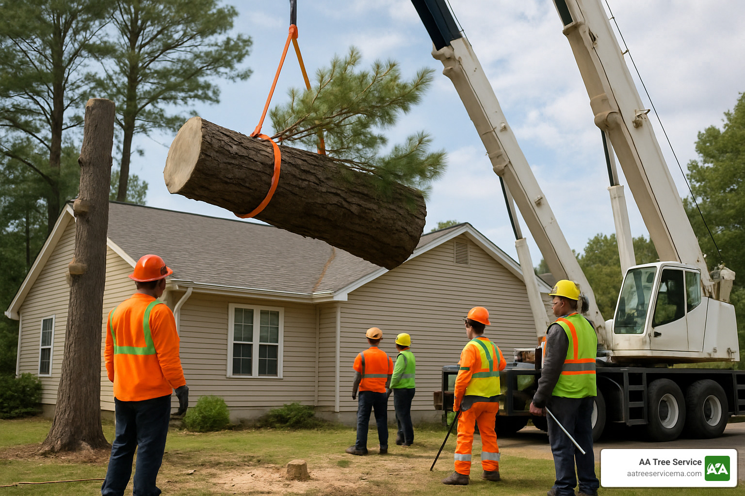 Professional tree removal with crane lifting large pine section over residential home - Tree Service Salem NH