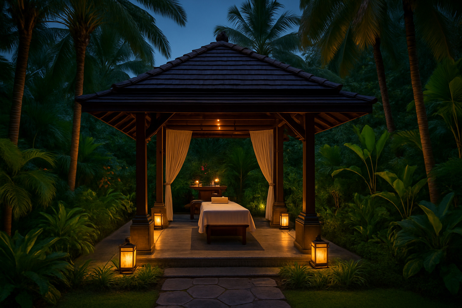 lantern-lit spa pavilion surrounded by tropical gardens - luxury hotels in Asia