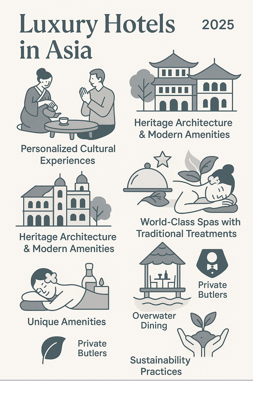Infographic showing key elements that define luxury hotels in Asia: personalized cultural experiences like tea ceremonies and welcome rituals, heritage architecture with modern amenities, Michelin-starred dining featuring local cuisine, world-class spas with traditional treatments, unique amenities like overwater dining and private butlers, and sustainability practices supporting local communities - luxury hotels in Asia infographic 