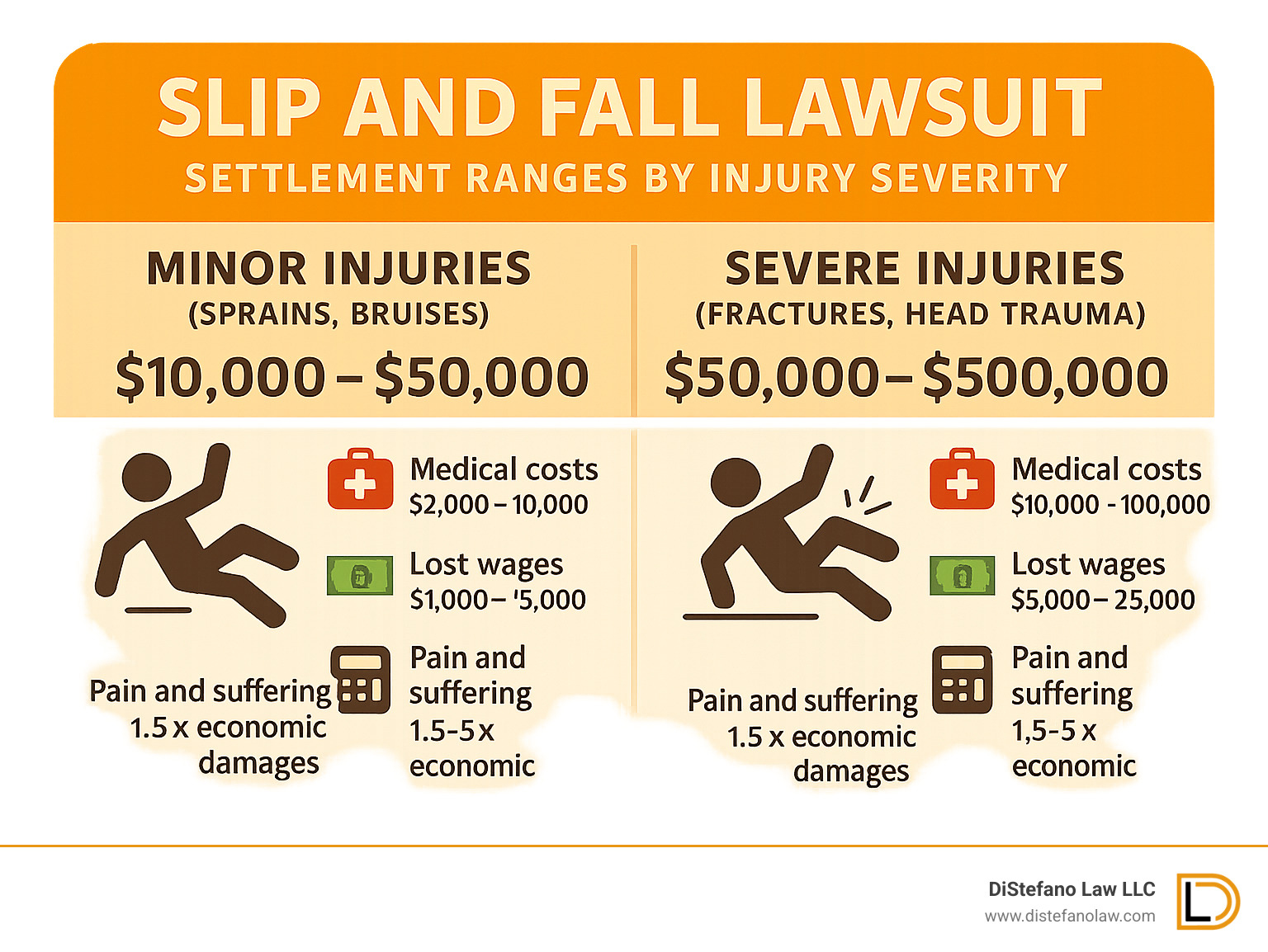 Infographic comparing settlement ranges for minor versus severe slip and fall injuries, showing medical costs, lost wages, and pain and suffering calculations - Slip and fall lawsuit infographic 