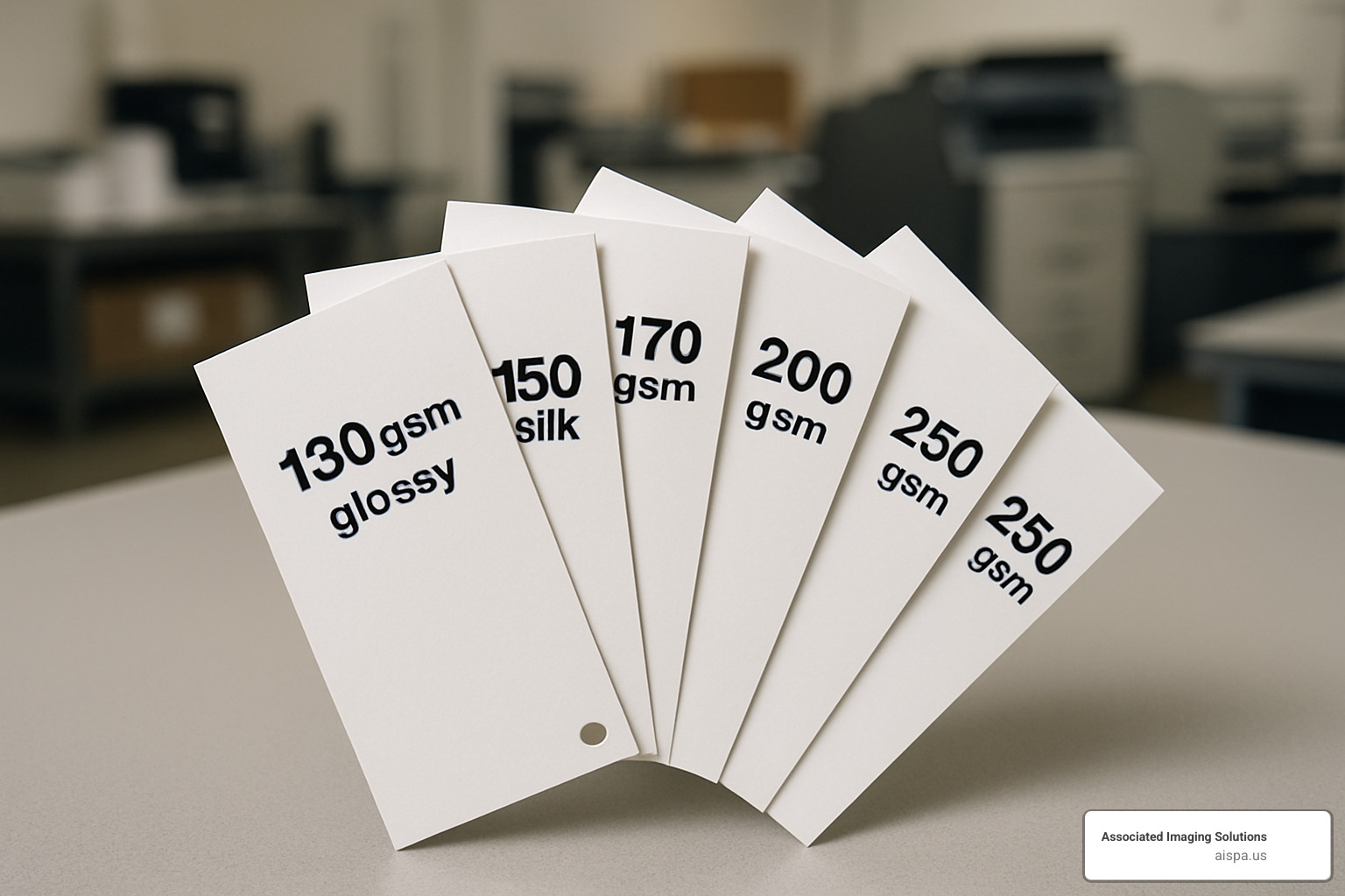 GSM paper samples fanned out showing different weights and finishes - best paper for leaflets