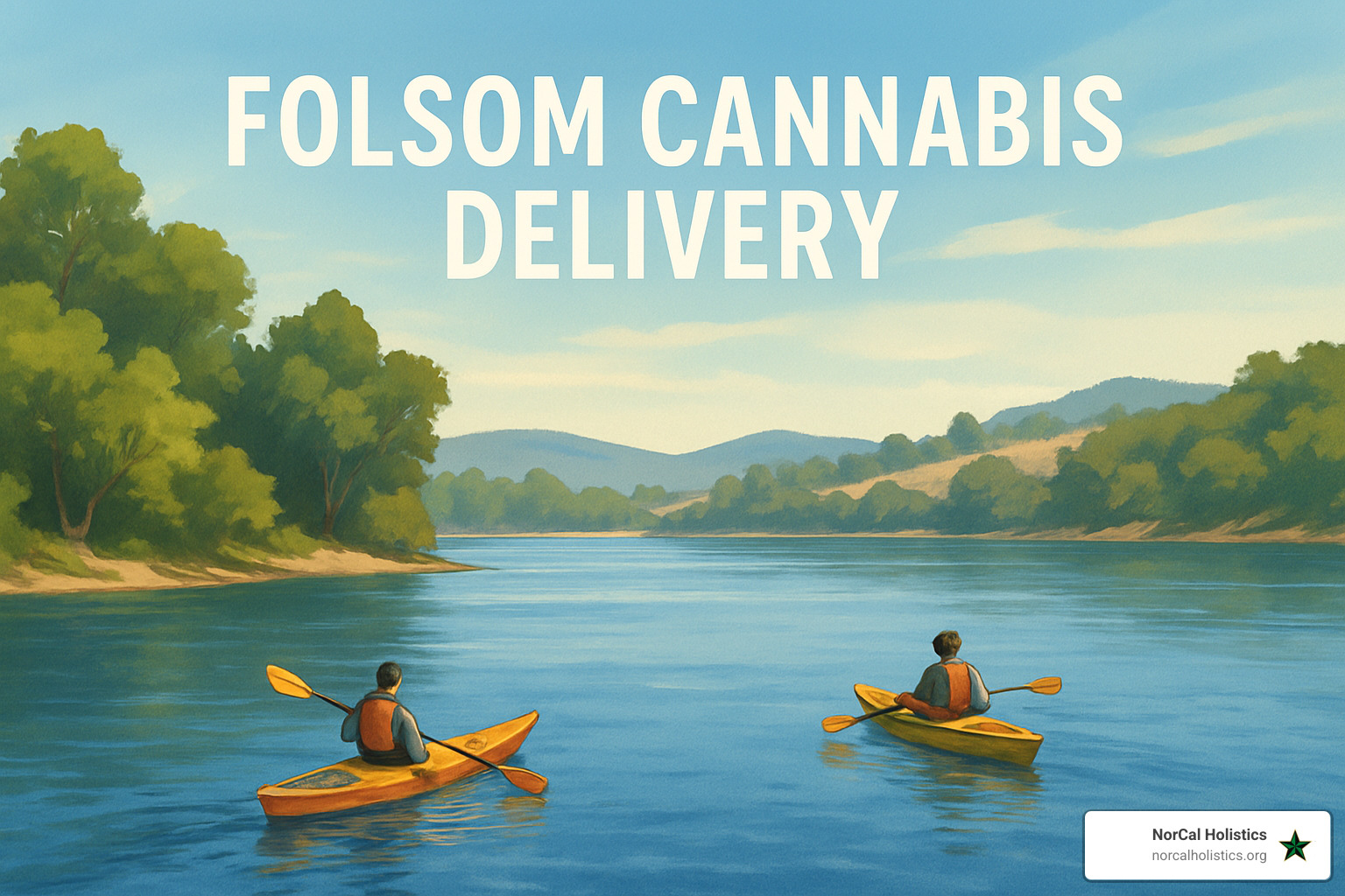 Lake Natoma with kayakers and scenic shoreline - folsom cannabis delivery