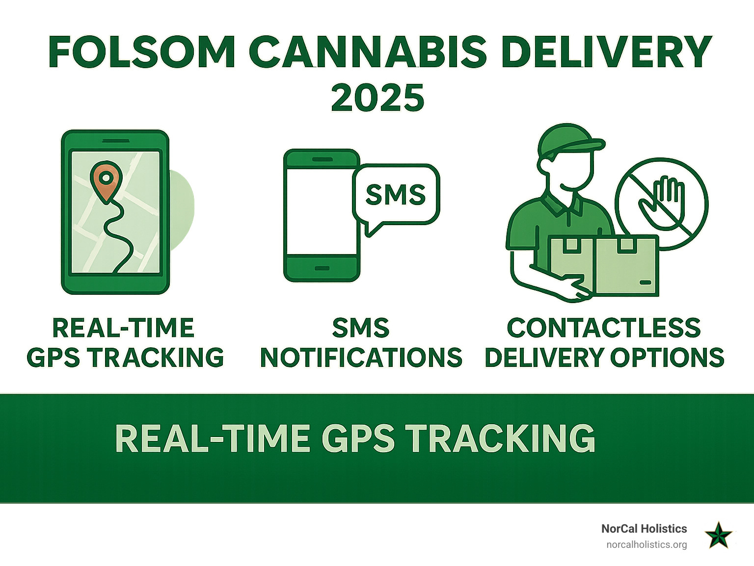 Infographic showing delivery tracking features: real-time GPS tracking, SMS notifications, ETA updates, and contactless delivery options - folsom cannabis delivery infographic 