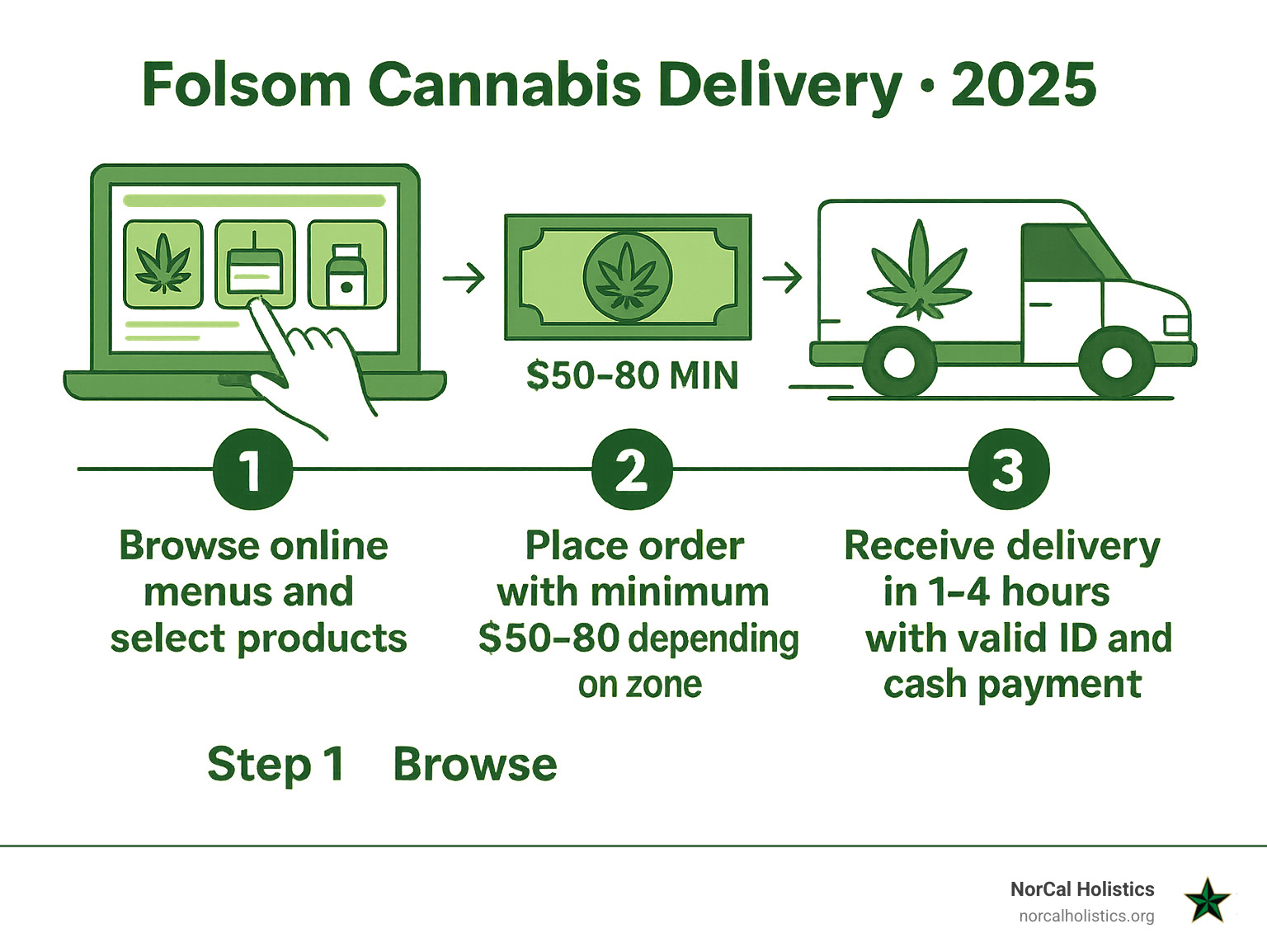 Infographic showing the three simple steps to order cannabis delivery in Folsom: Step 1 - Browse online menus and select products, Step 2 - Place order with minimum $50-80 depending on zone, Step 3 - Receive delivery in 1-4 hours with valid ID and cash payment - folsom cannabis delivery infographic 