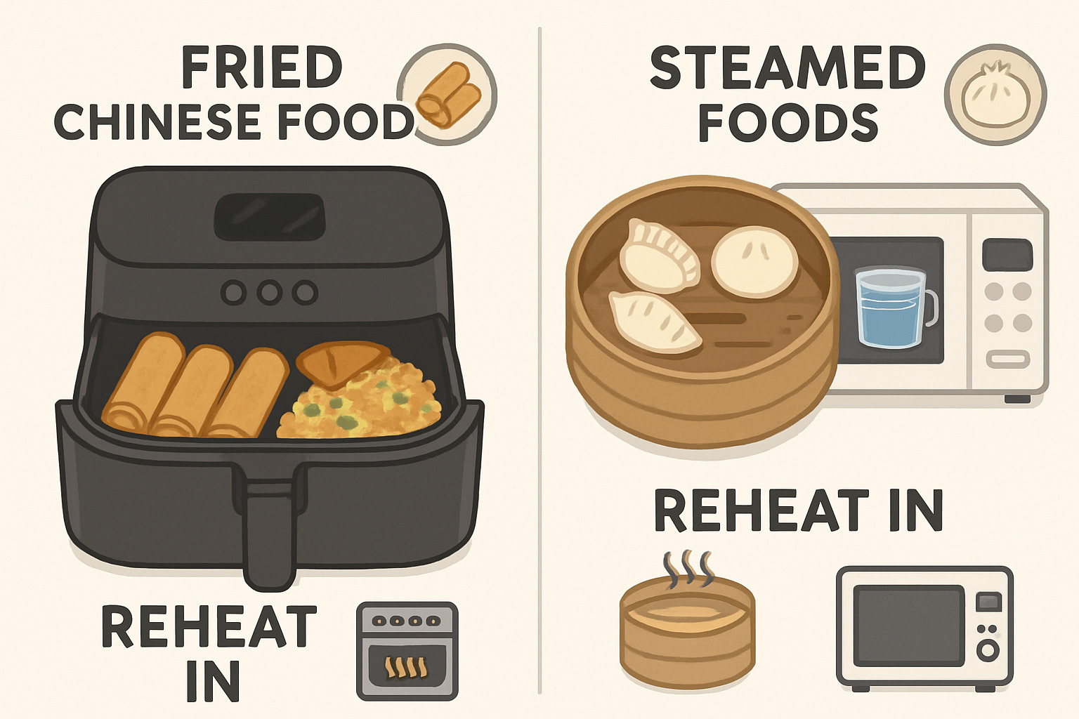 graphic comparing reheating methods for fried vs steamed Chinese dishes - chinese food near me