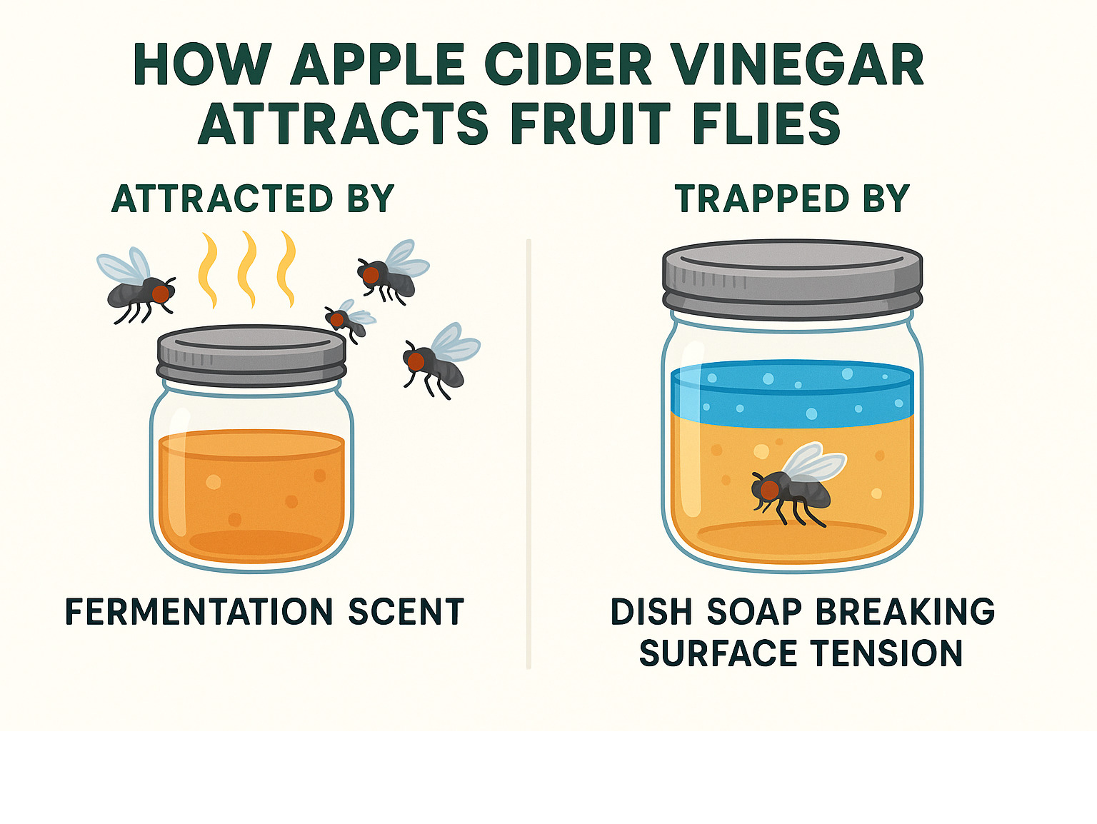 Infographic showing the mechanism of how apple cider vinegar attracts fruit flies through fermentation scent, and how dish soap breaks surface tension to trap them - how to get rid of fruit flies infographic 