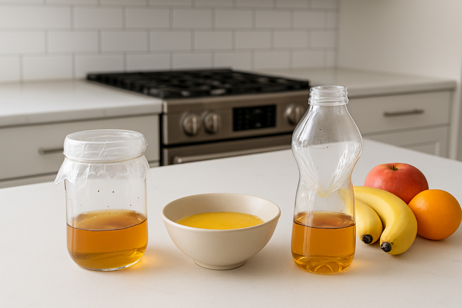 three different homemade fruit fly traps arranged on a kitchen counter - how to get rid of fruit flies