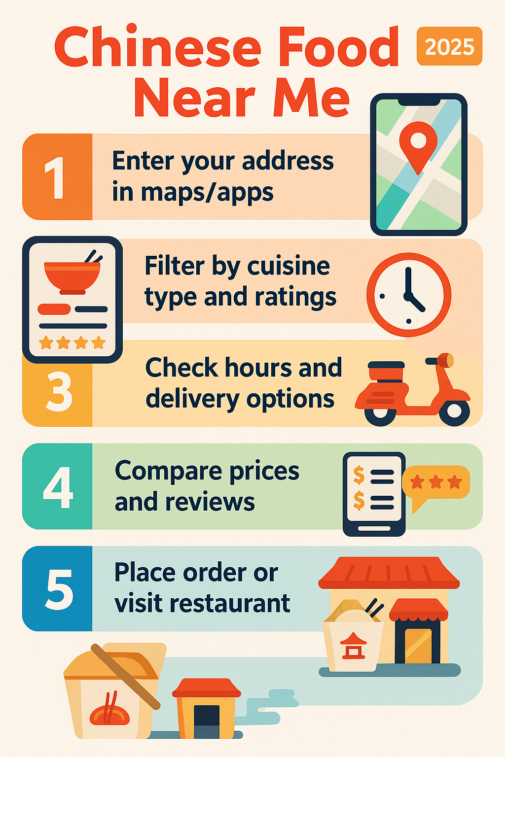 Infographic showing step-by-step process: 1. Enter your address in maps/apps, 2. Filter by cuisine type and ratings, 3. Check hours and delivery options, 4. Compare prices and reviews, 5. Place order or visit restaurant - chinese food near me infographic 