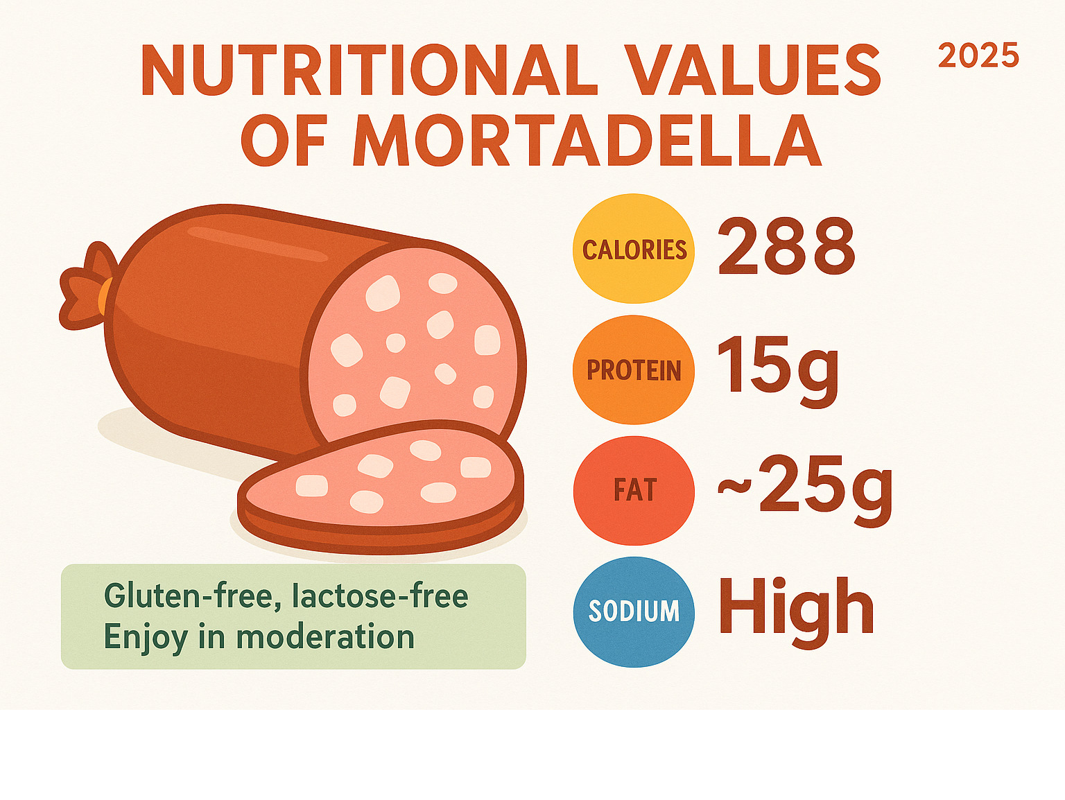 Infographic: Nutritional values of mortadella, including calories, protein, fat, sodium, and dietary notes - mortadella infographic 