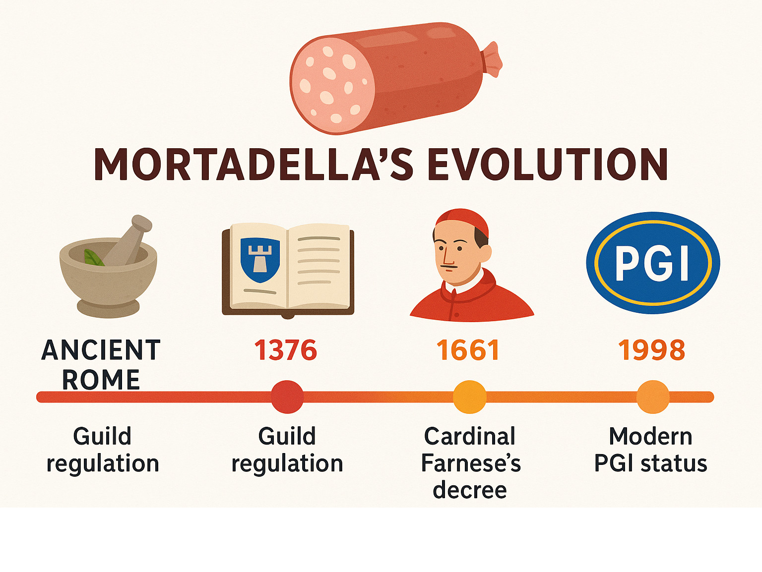 Timeline infographic showing mortadella's evolution from ancient Rome, through guild regulation in 1376, Cardinal Farnese's 1661 decree, to modern PGI status in 1998 - mortadella infographic 