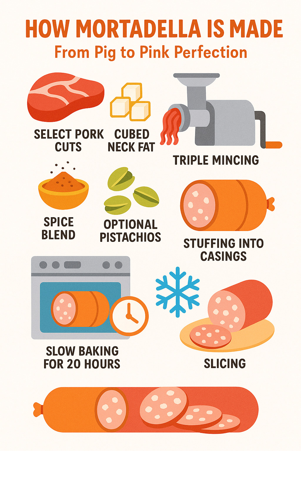 Infographic showing mortadella production: select pork cuts, cubed neck fat, triple mincing, spice blend, optional pistachios, stuffing into casings, slow baking for 20 hours, cooling, slicing - mortadella infographic 