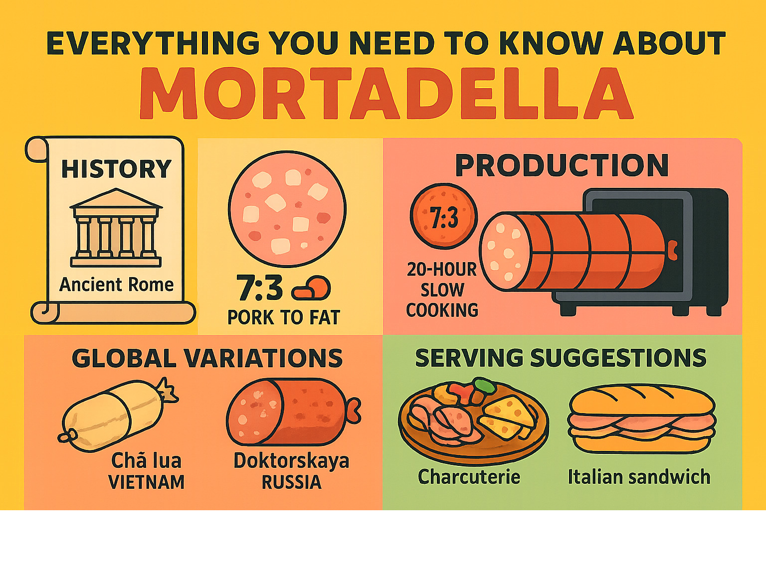 Comprehensive guide to mortadella including its history from ancient Rome to modern PGI certification, production process showing the 7:3 pork-to-fat ratio and 20-hour slow cooking method, global variations from Vietnamese chả lụa to Russian doktorskaya, and serving suggestions for charcuterie boards and Italian sandwiches - mortadella infographic 