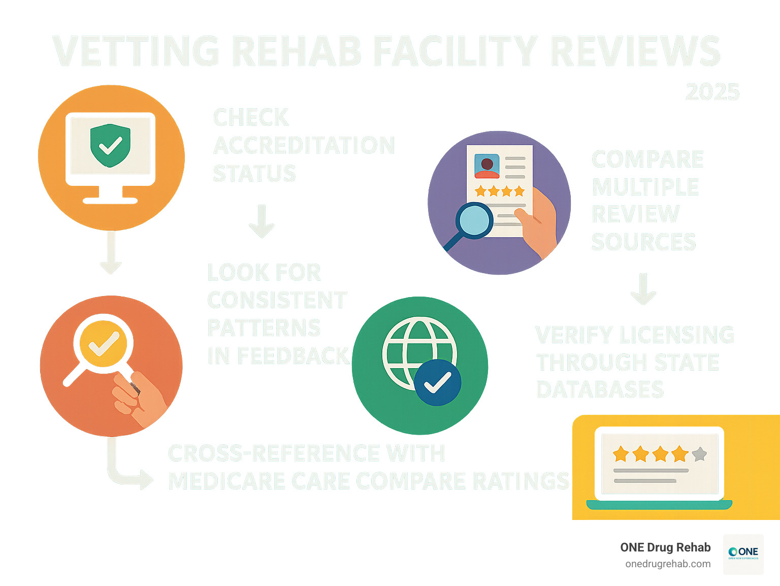 Infographic showing step-by-step process for vetting rehab facility reviews: 1) Check accreditation status on official websites, 2) Compare multiple review sources, 3) Look for consistent patterns in feedback, 4) Verify licensing through state databases, 5) Cross-reference with Medicare Care Compare ratings - rehab facility reviews infographic 