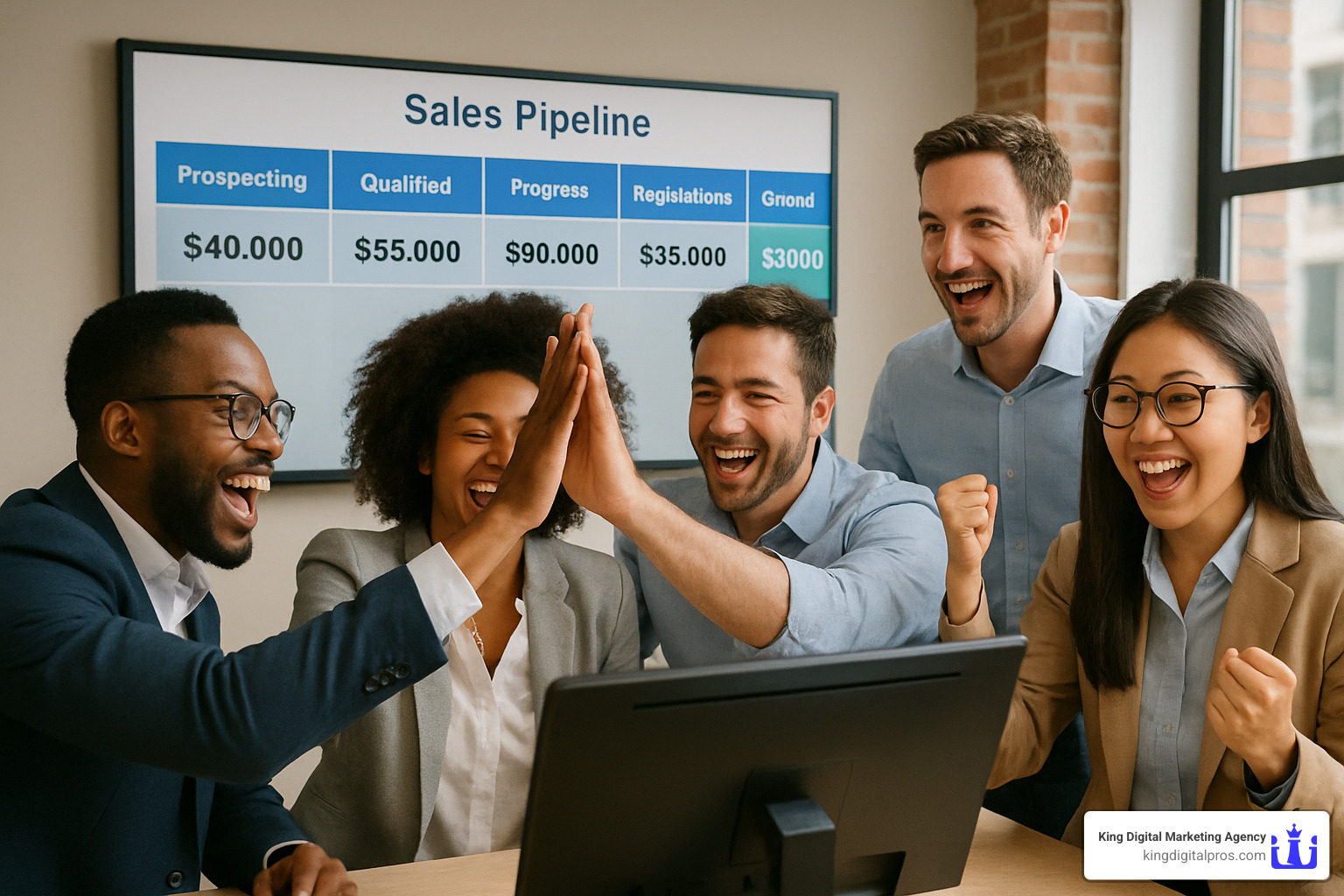 Sales team celebrating closed deals thanks to pipeline visibility - lead tracker Sales Team Celebrating Closed Deals Thanks To Pipeline Visibility - Lead Tracker