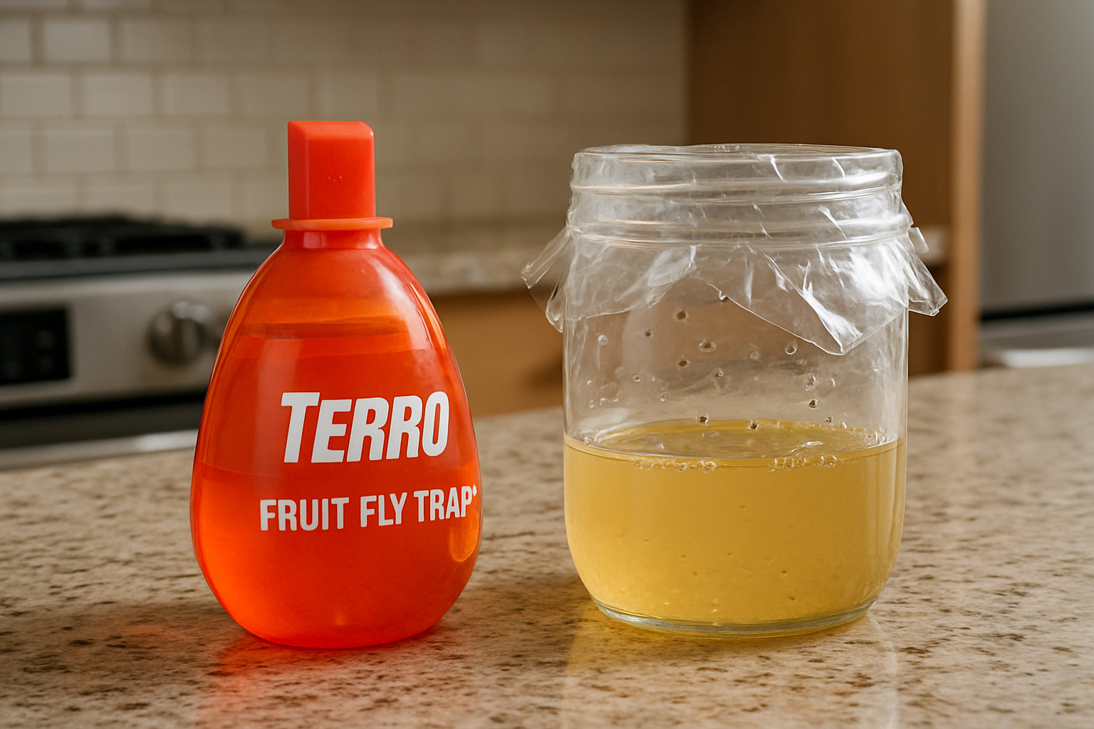 commercial fruit fly trap next to homemade mason jar trap - how to get rid of fruit flies