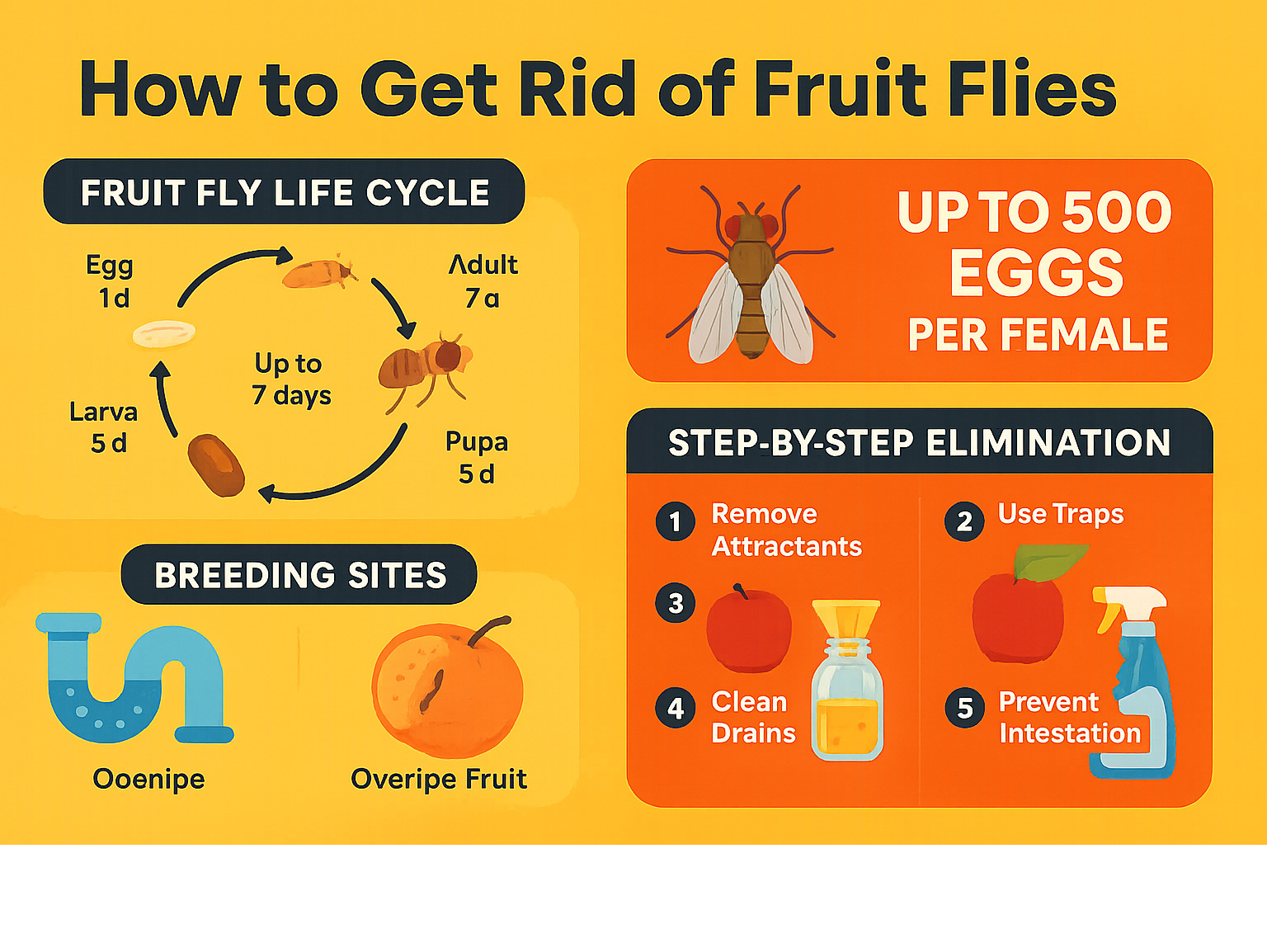 Detailed infographic showing fruit fly life cycle from egg to adult in 7 days, reproduction rate of 500 eggs per female, common breeding sites like drains and overripe fruit, and step-by-step elimination process using traps and prevention methods - how to get rid of fruit flies infographic 